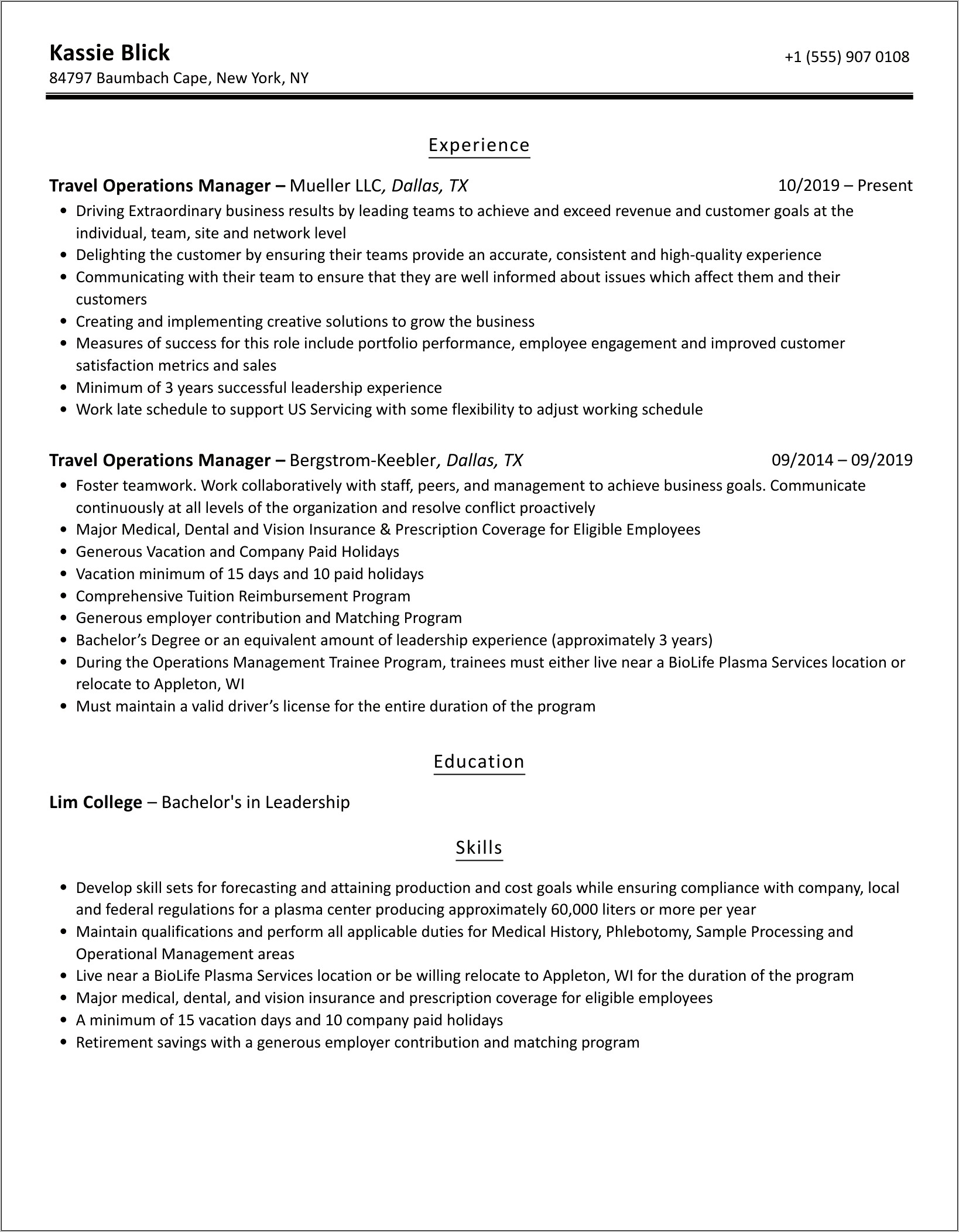 Resume For Tour Operations Manager