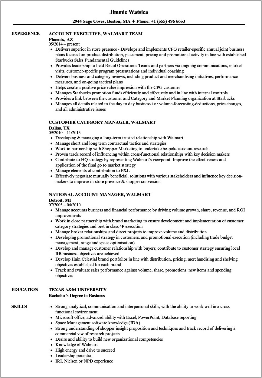 Resume For Walmart Department Manager