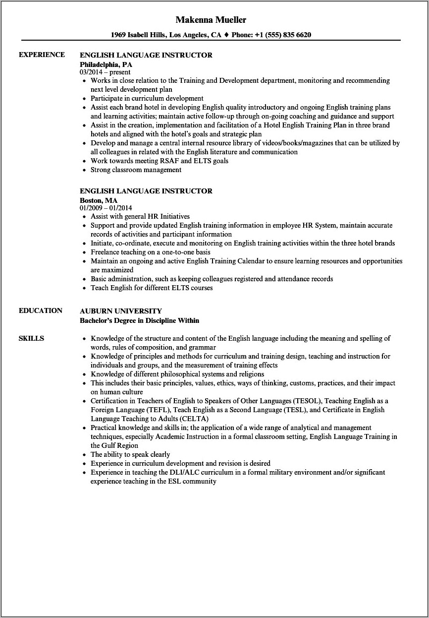 Resume Foreign Language Skills Example