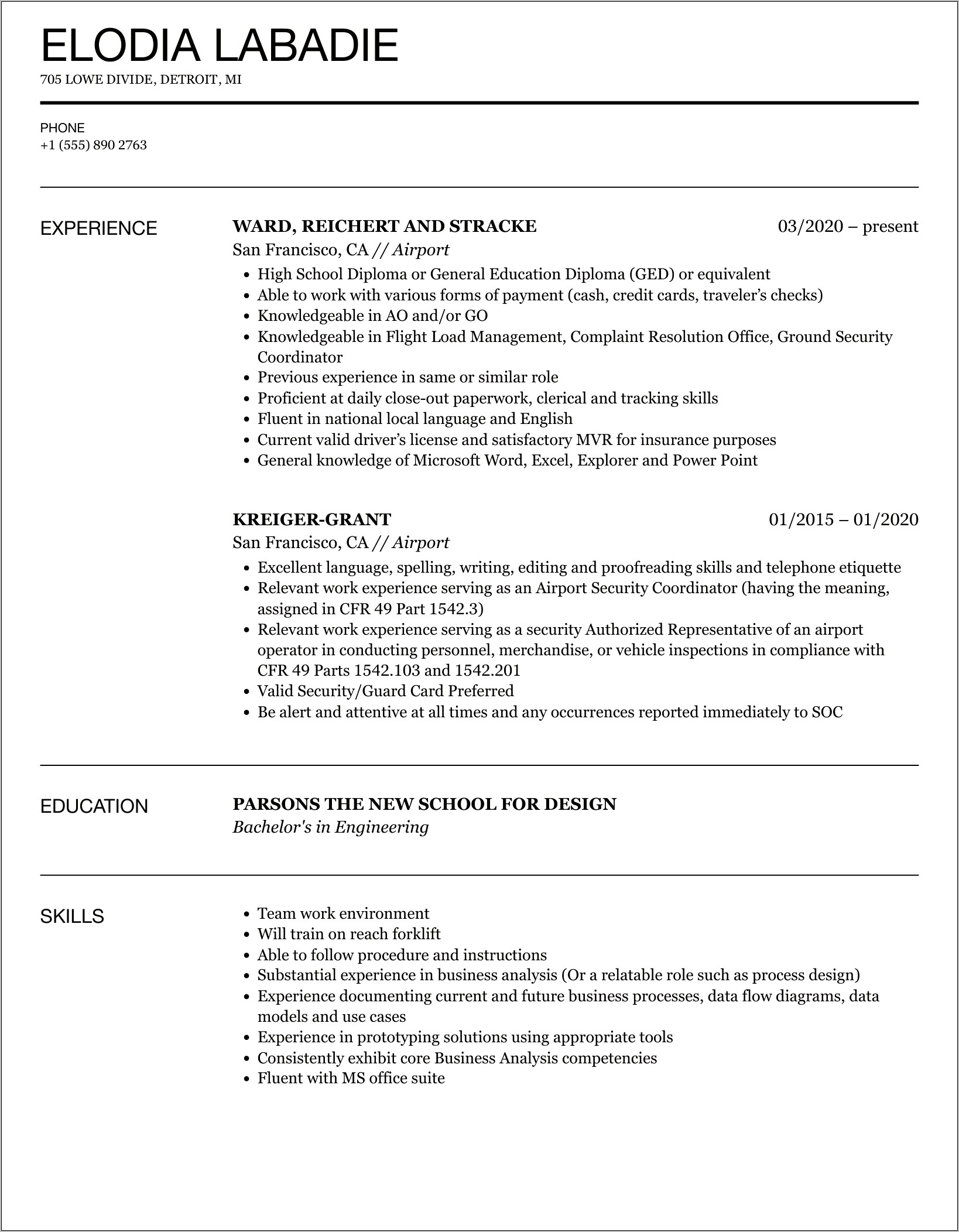 Resume Format For Airport Job