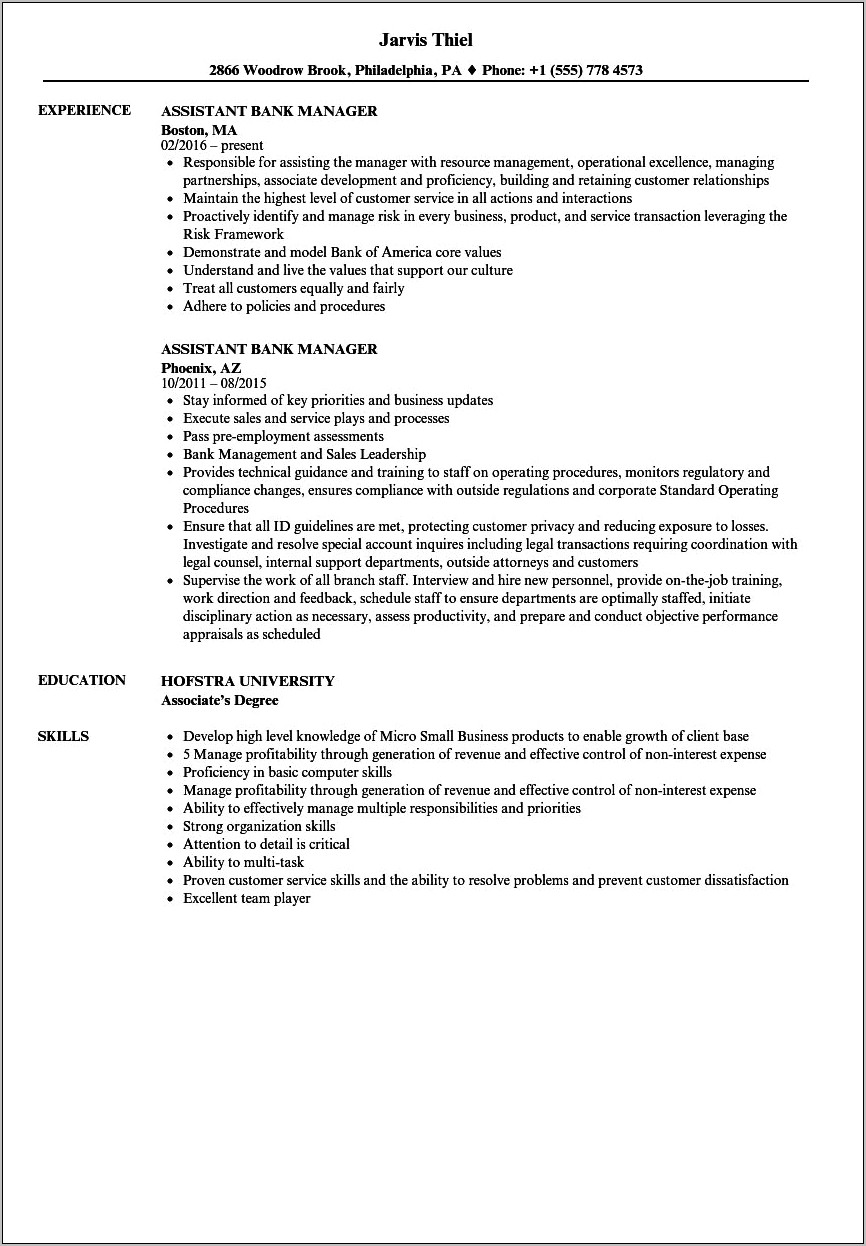 Resume Format For Bank Manager