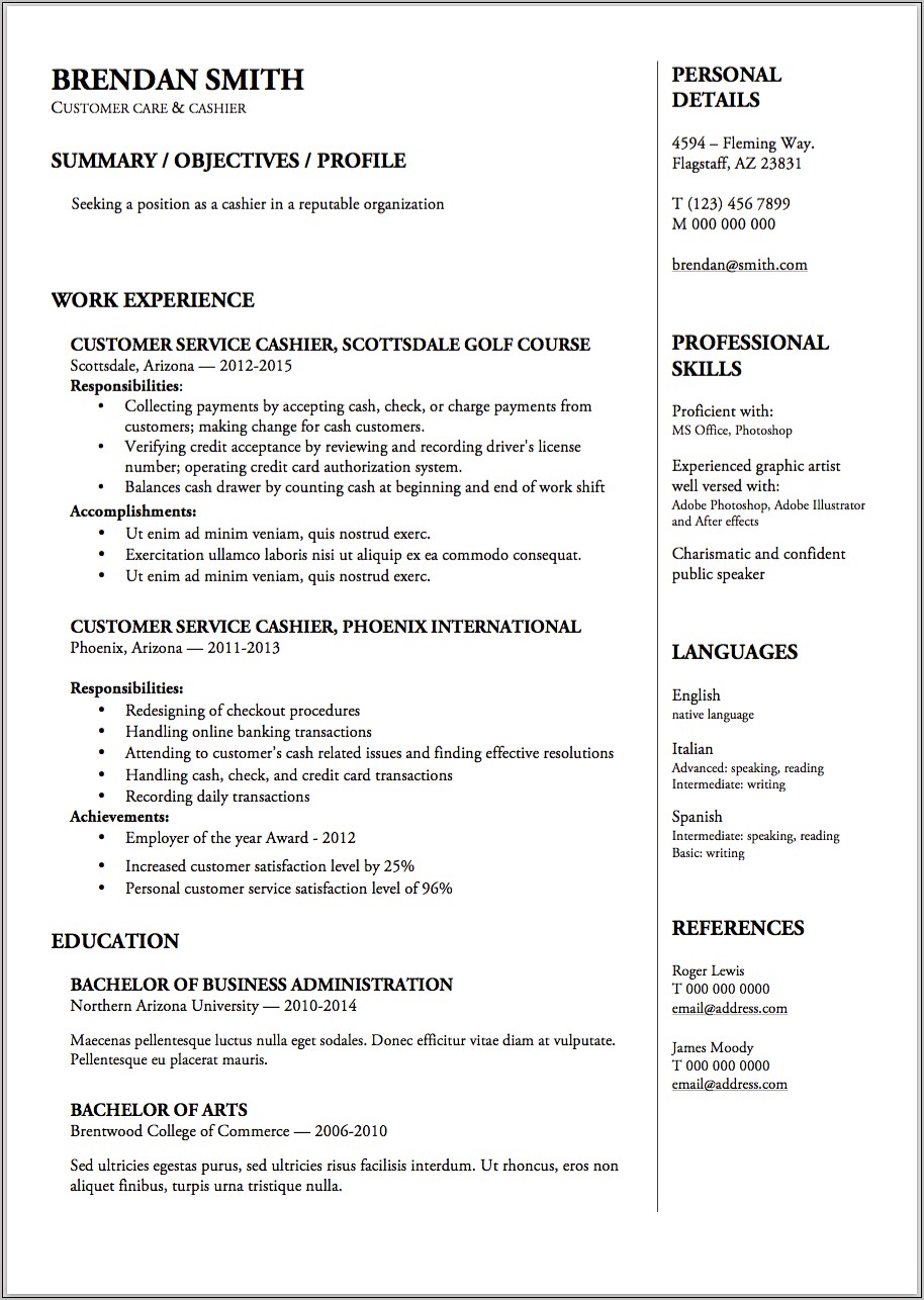 Resume Format For Cashier Job
