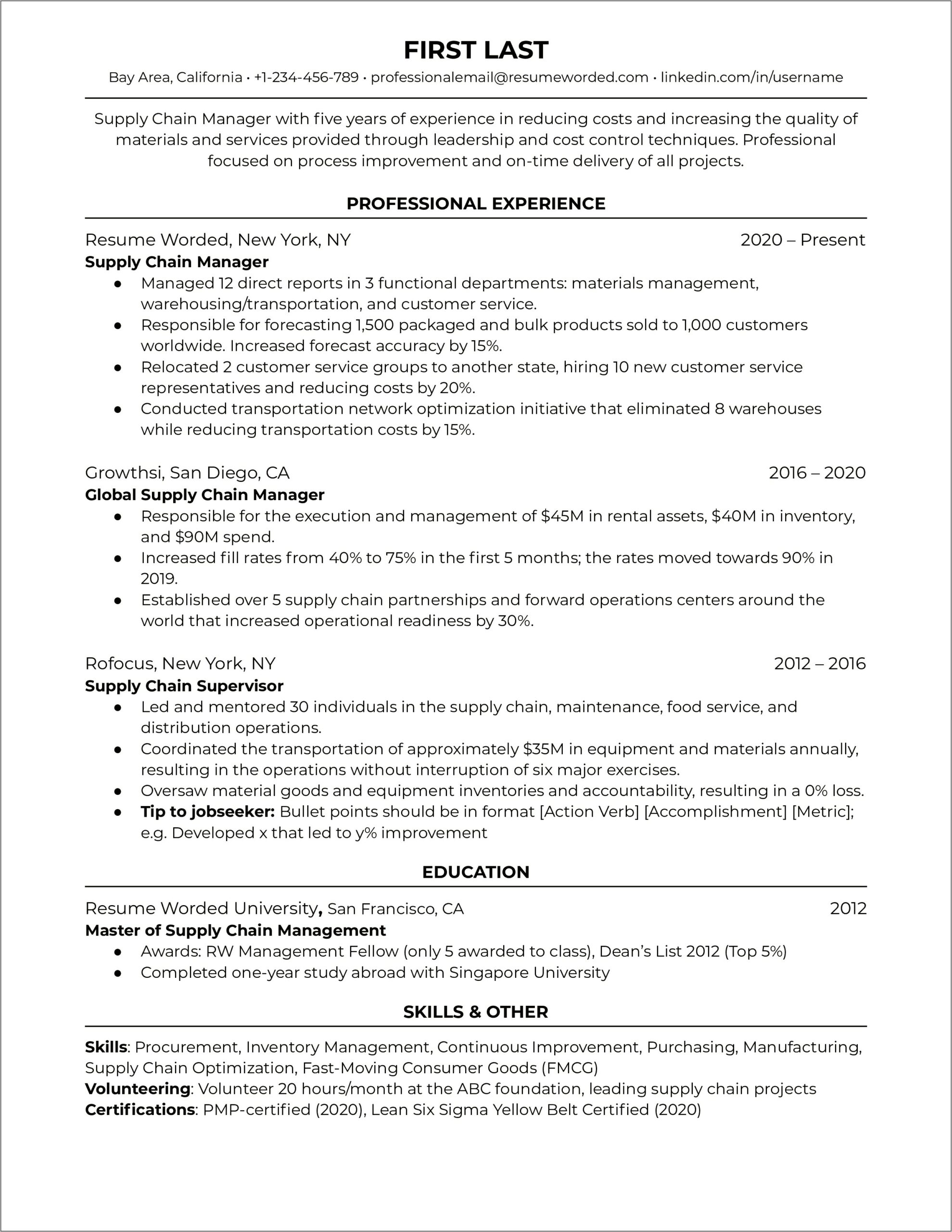 Resume Format For Logistics Job