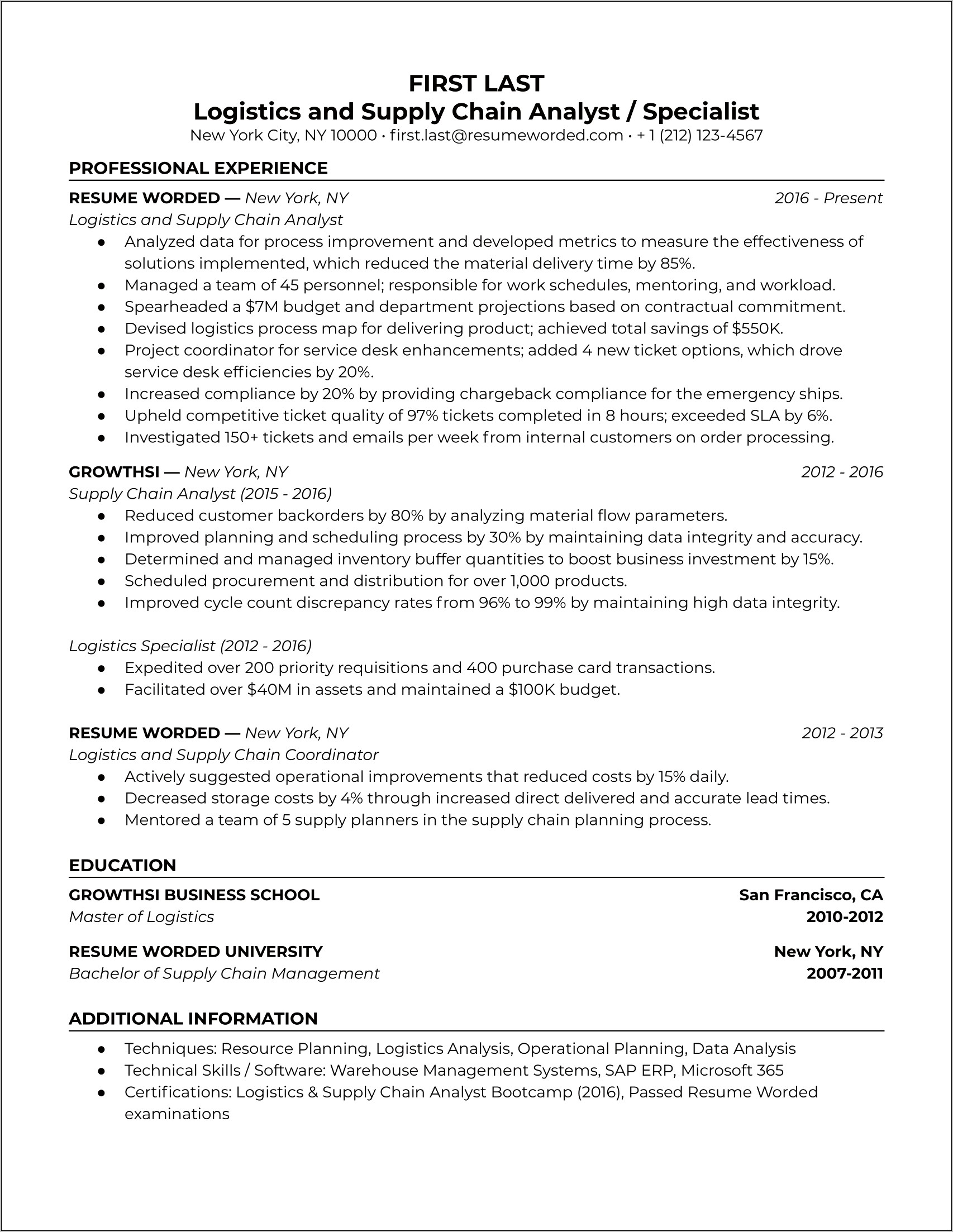 Resume Format For Logistics Manager