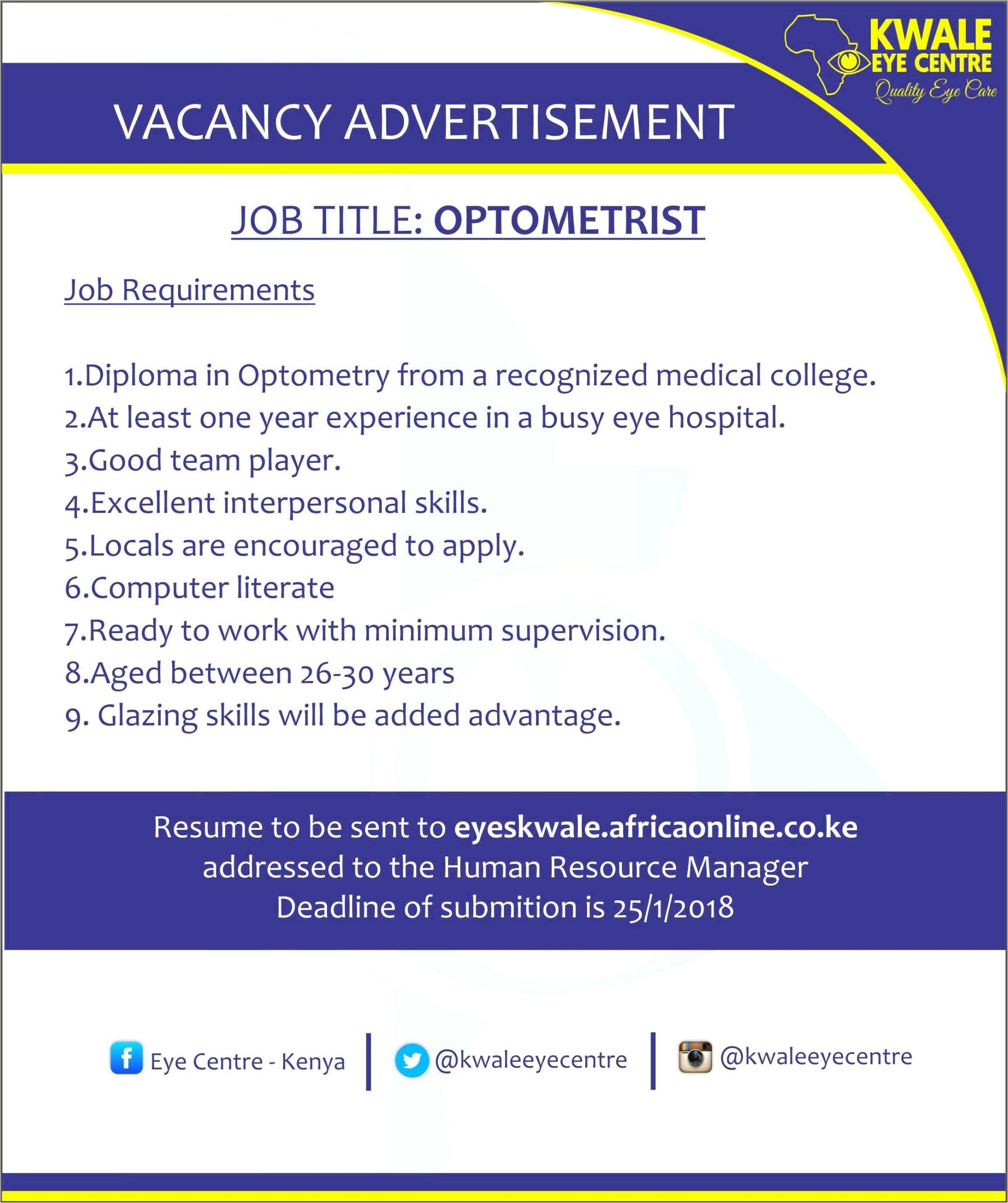 Resume Format For Optometrist Job