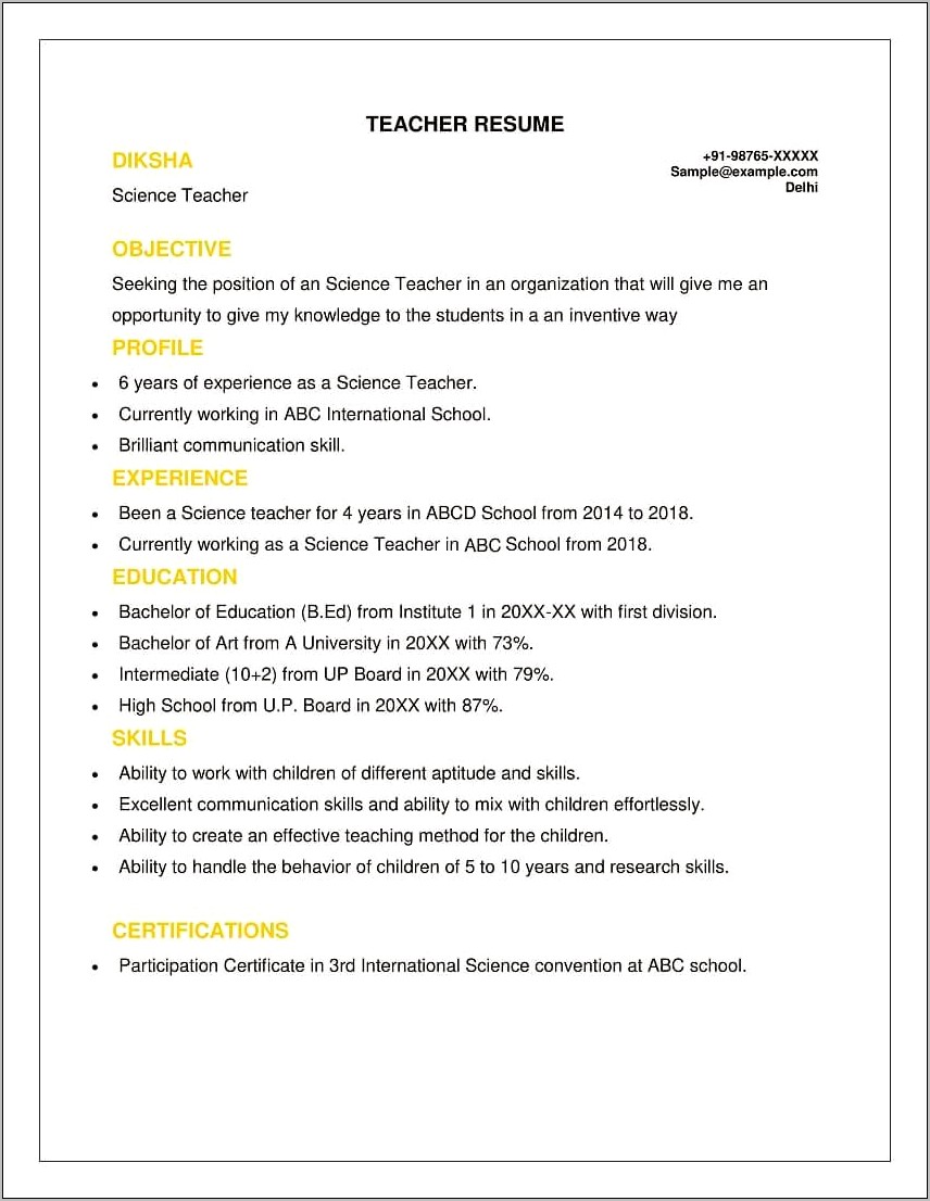 Resume Format For Teacher Job