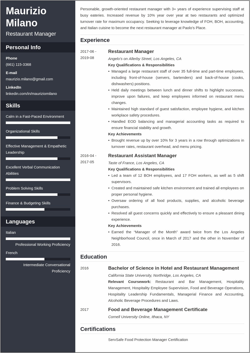 Resume Headline For Restaurant Manager