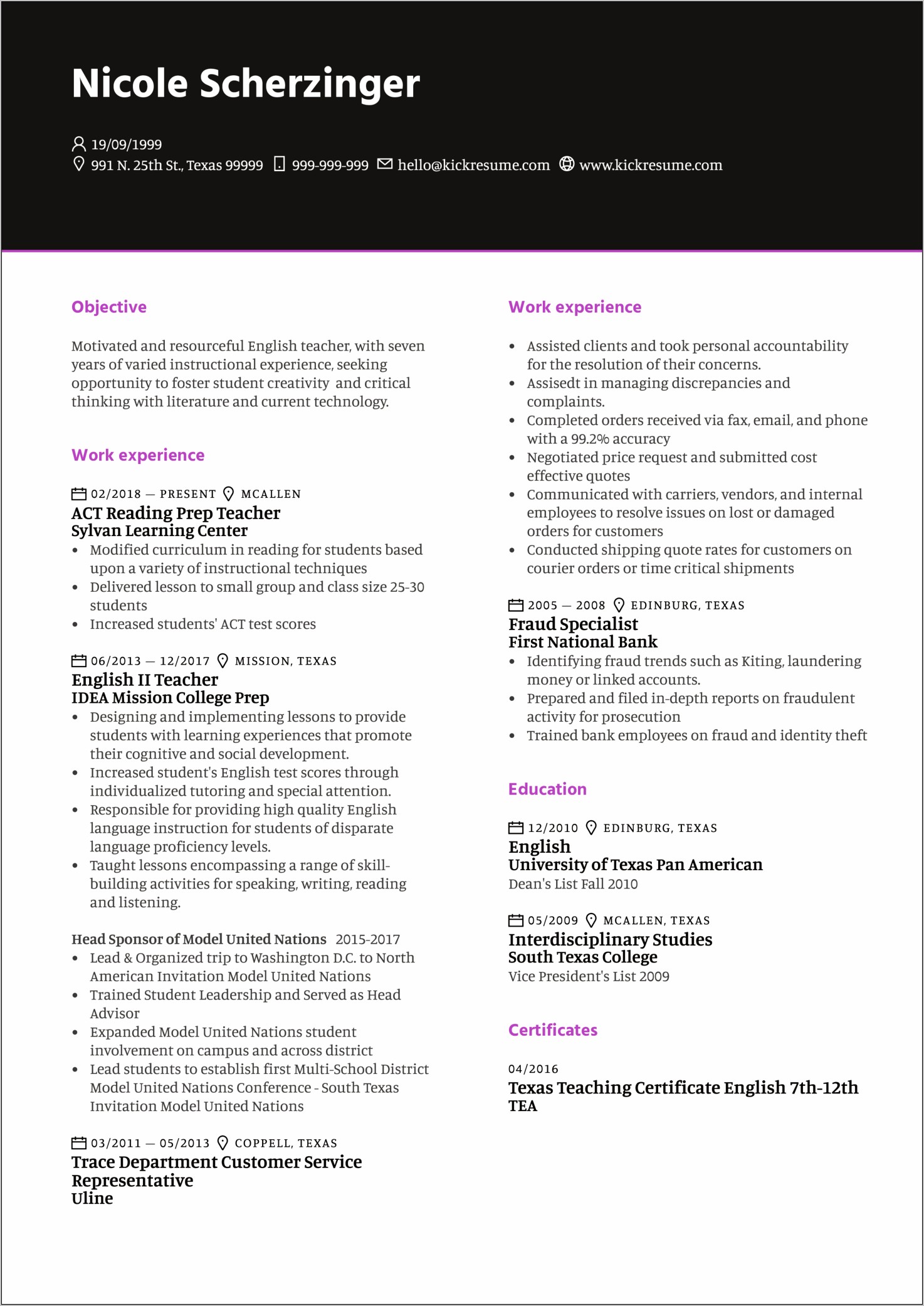 Resume In English Examples Teacher