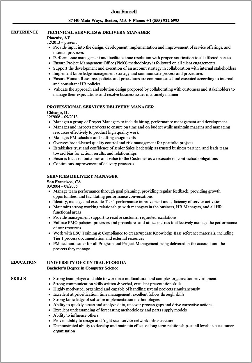 Resume It Service Delivery Manager