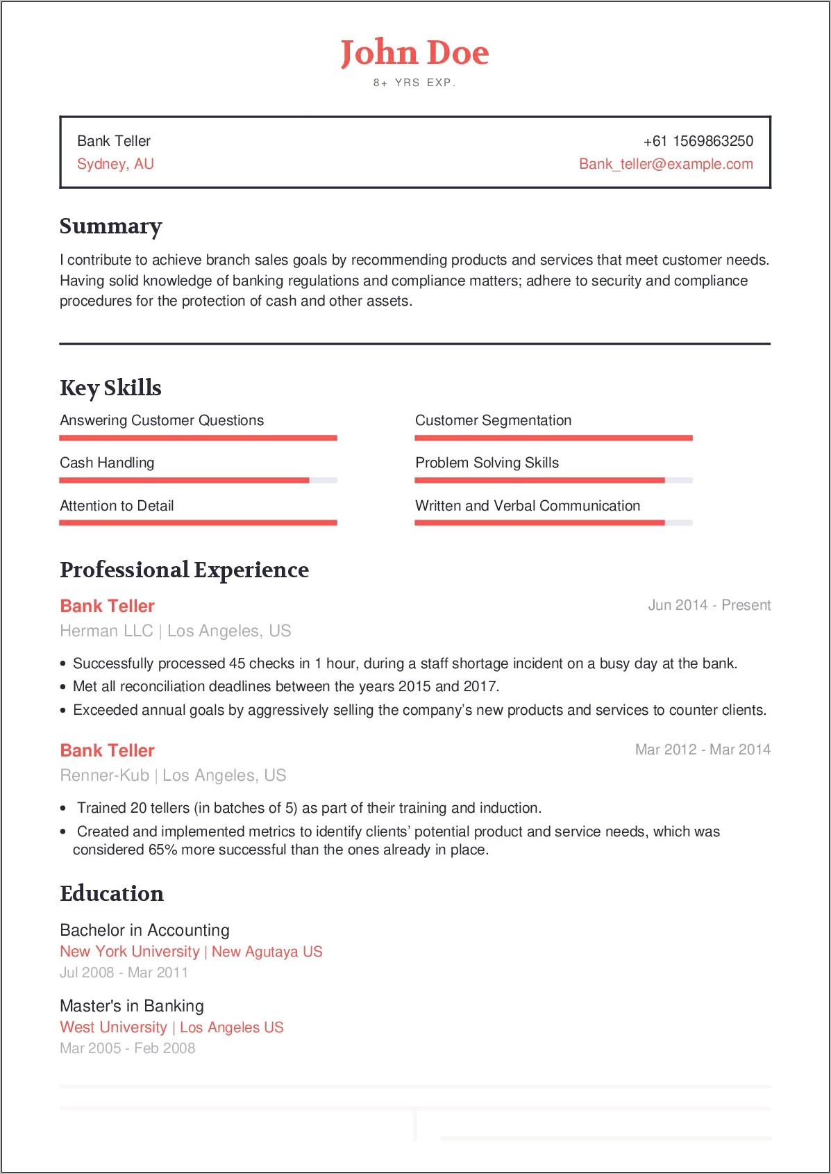 Resume Job Description Bank Telle