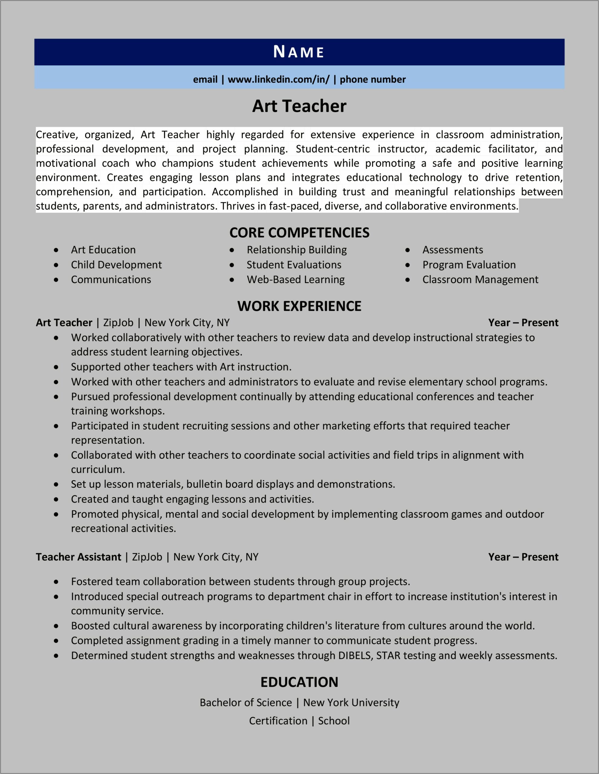 Resume Job Description For Artist