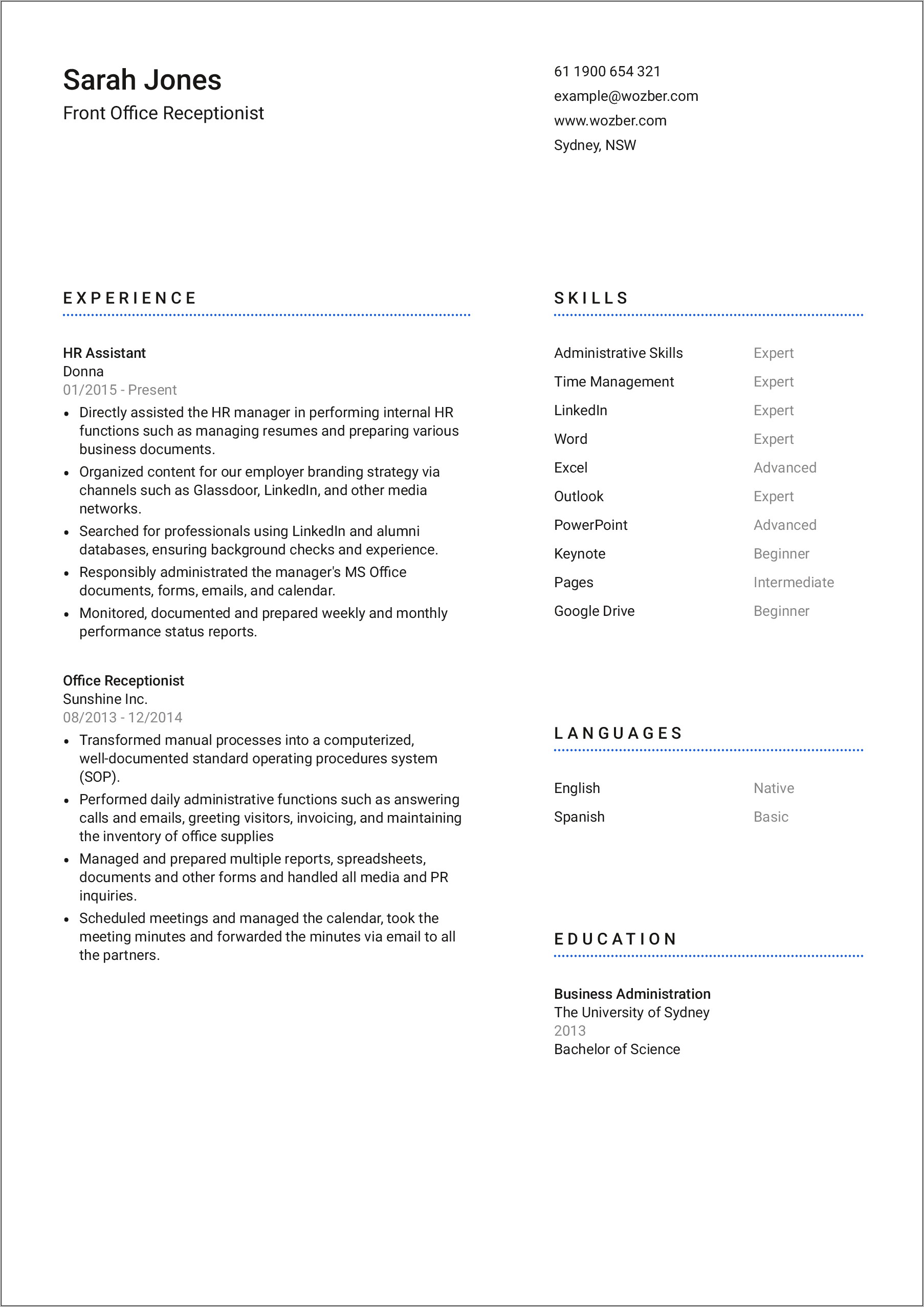 Resume Job Description For Hr