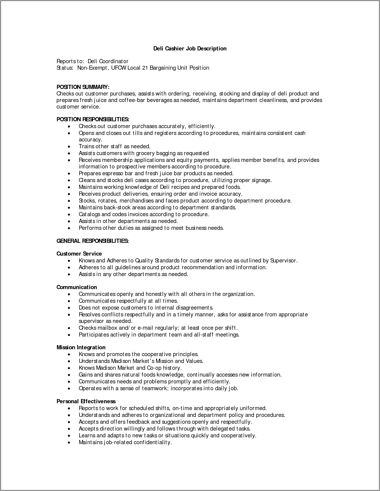 Resume Job Position Description Examples