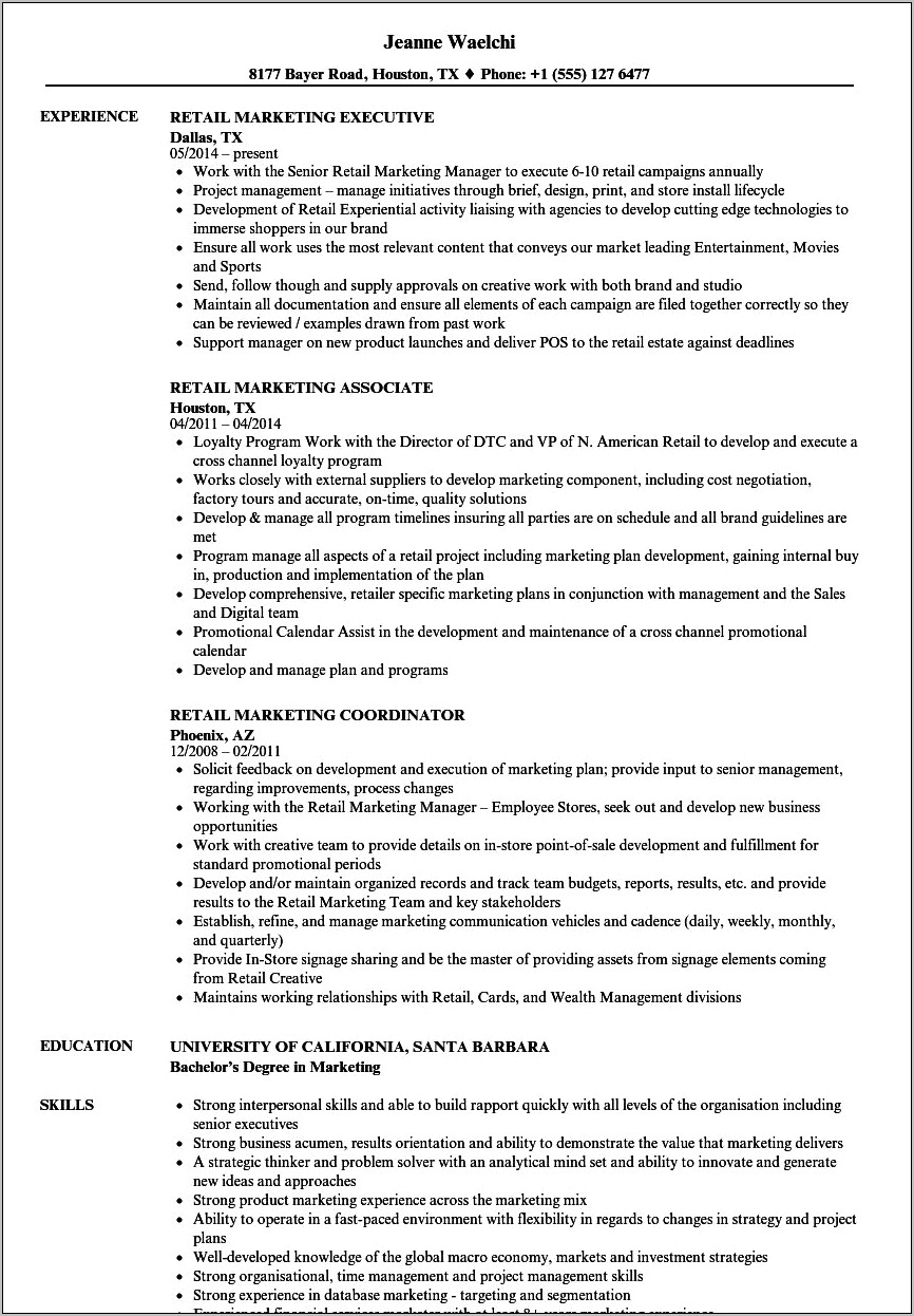 Resume Mocks For Retail Management