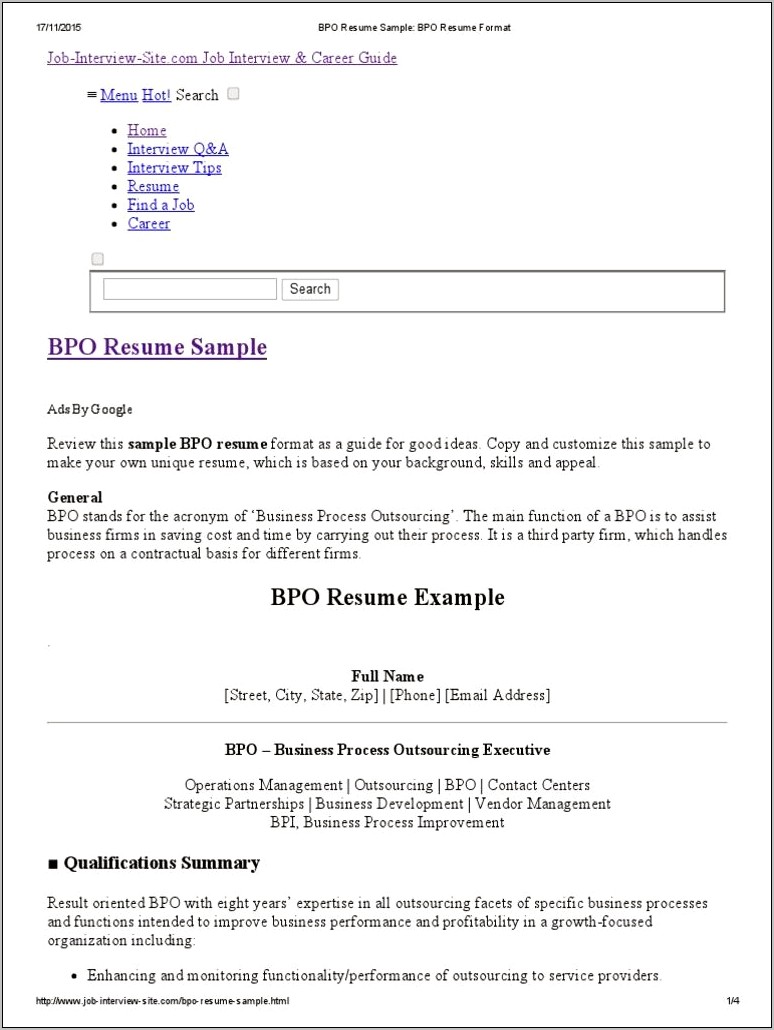 Resume Model For Bpo Jobs