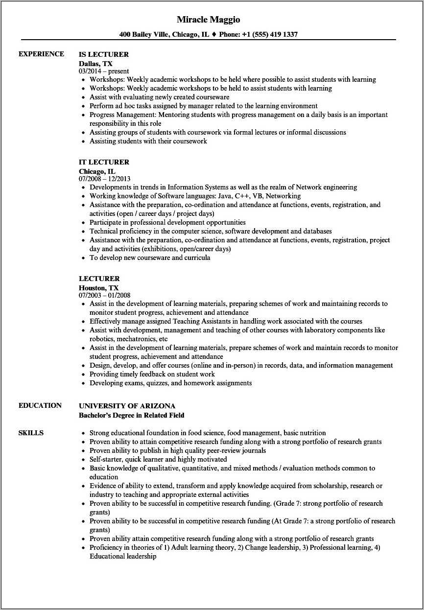 Resume Model For Lecturer Job