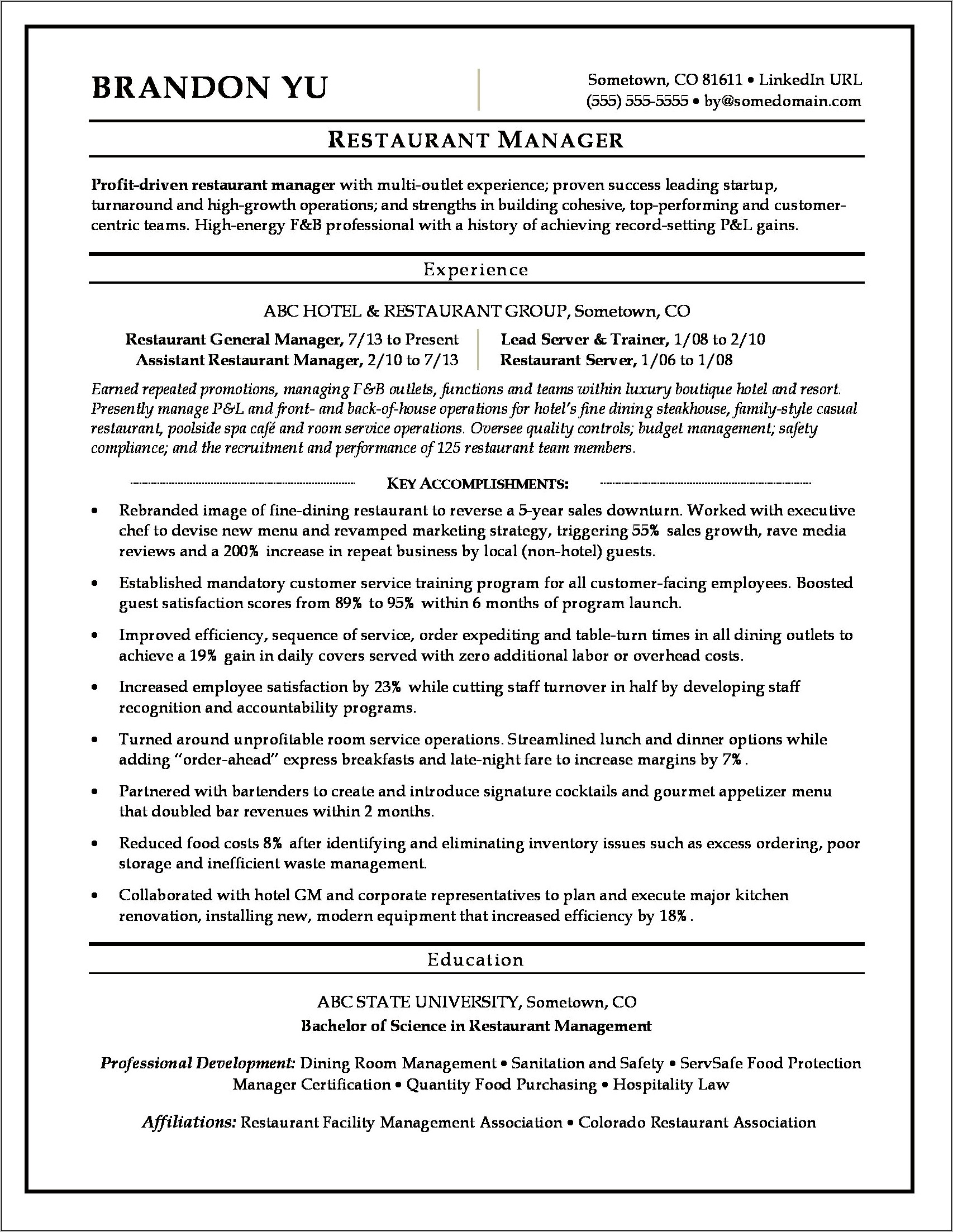 Resume Obectice For Resturant Manager