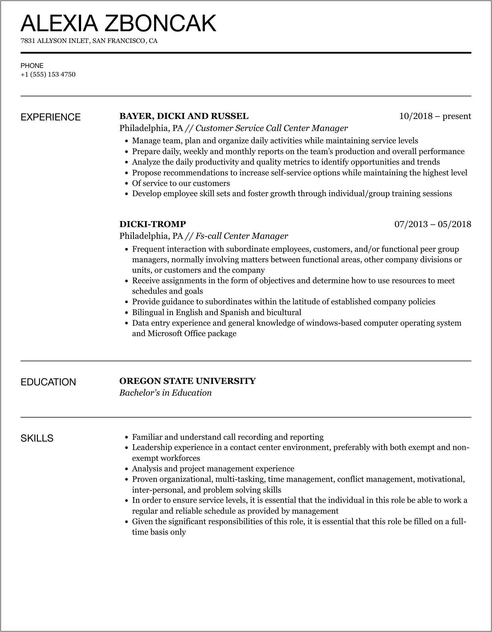 Resume Objective Call Center Manager