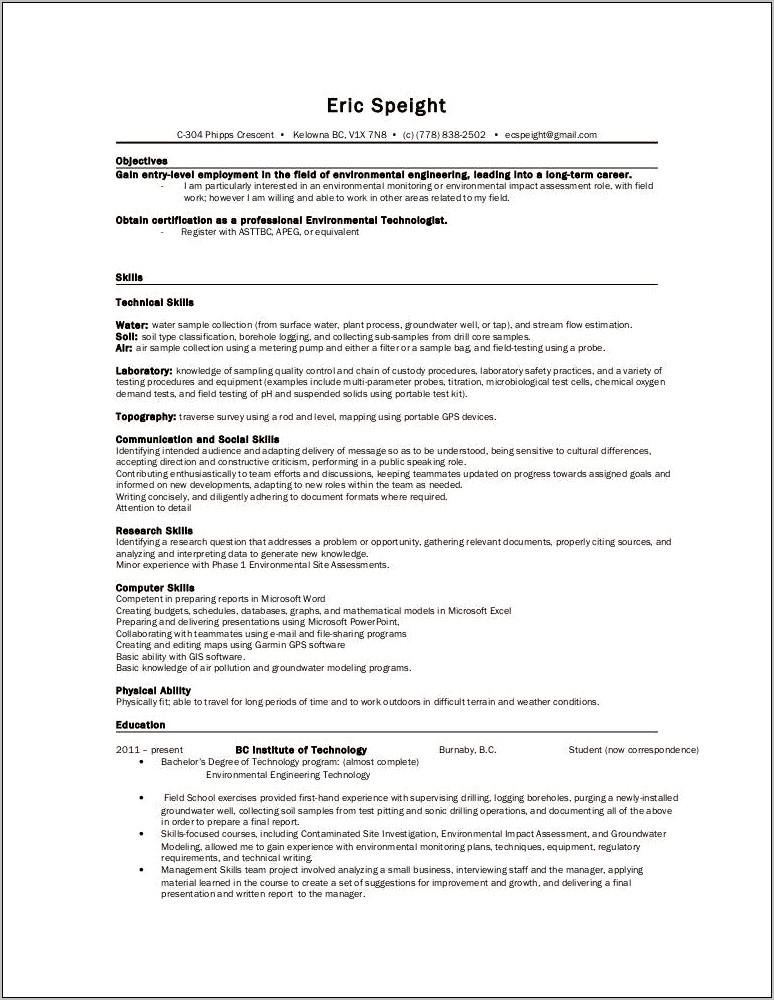 Resume Objective Examples Environmental Engineering