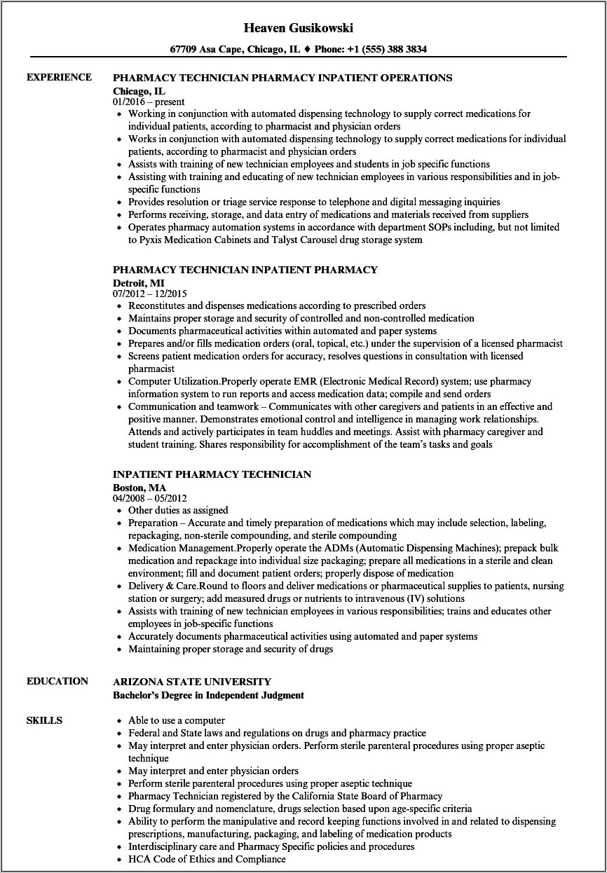 Resume Objective Examples Pharmacy Technician