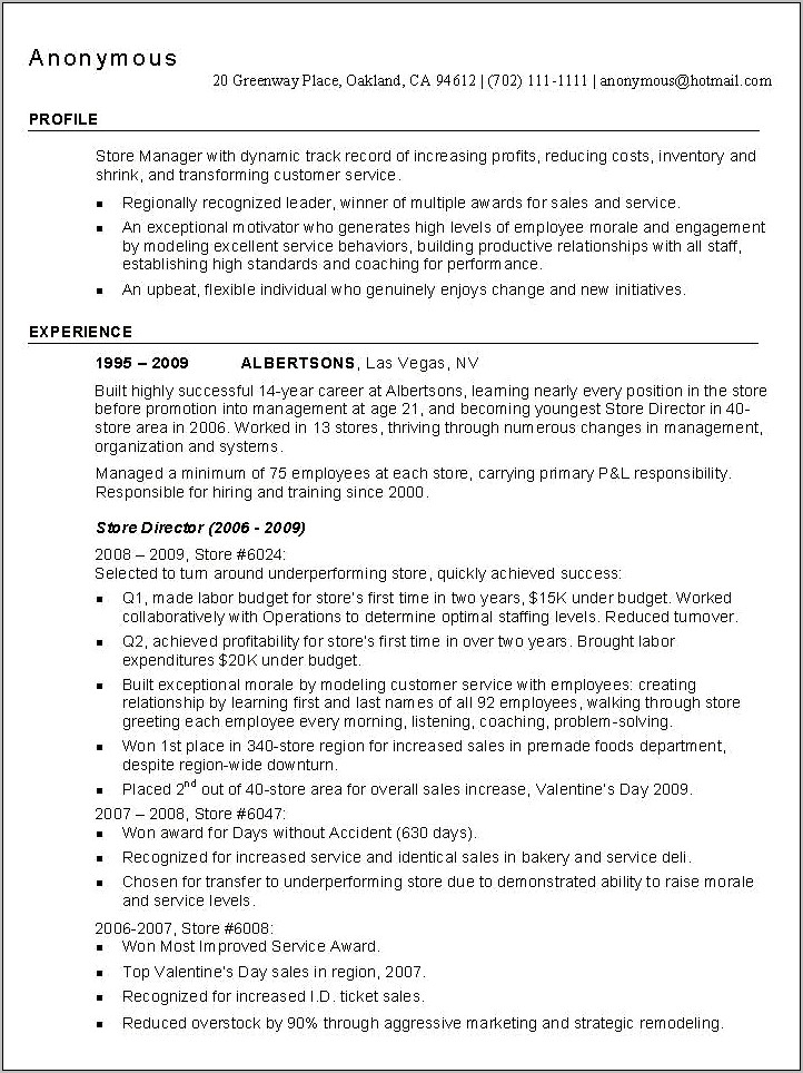 Resume Objective Examples Retail Management