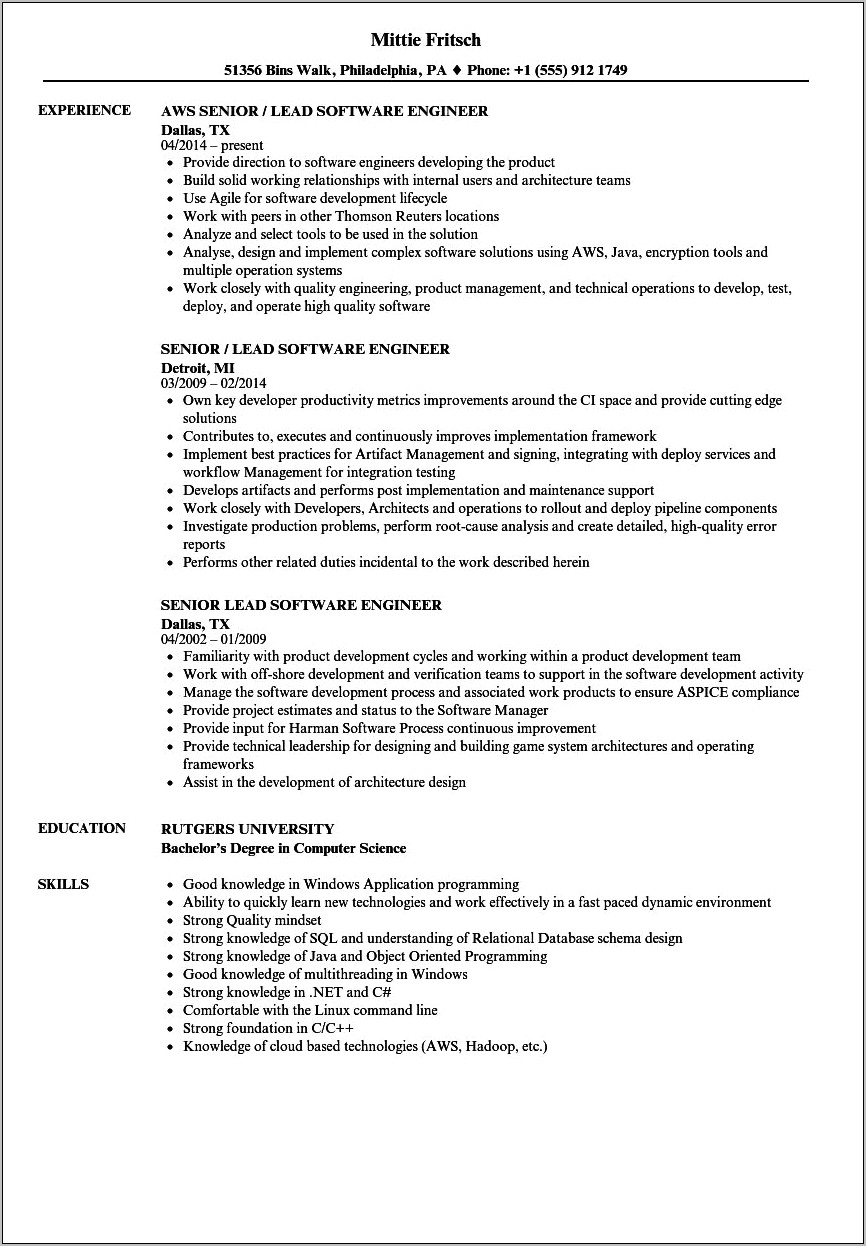 Resume Objective Experienced Software Engineer