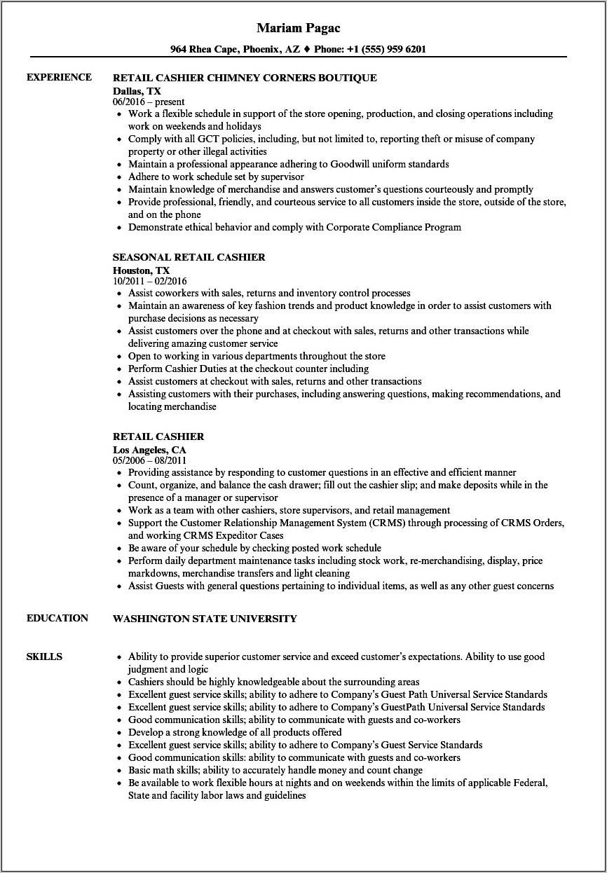 Resume Objective For A Cashier
