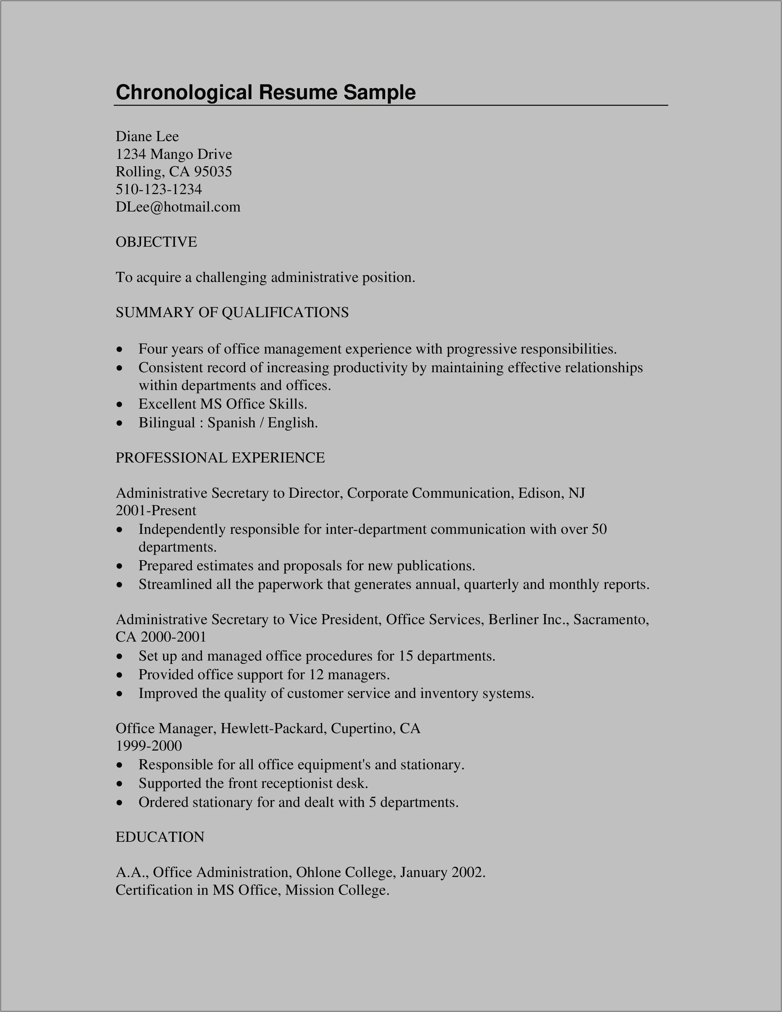 Resume Objective For Administrative Secretary