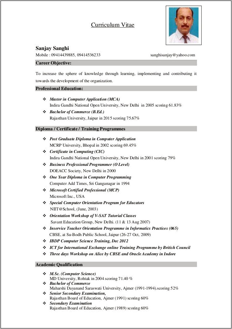 Resume Objective For Commerce Teacher