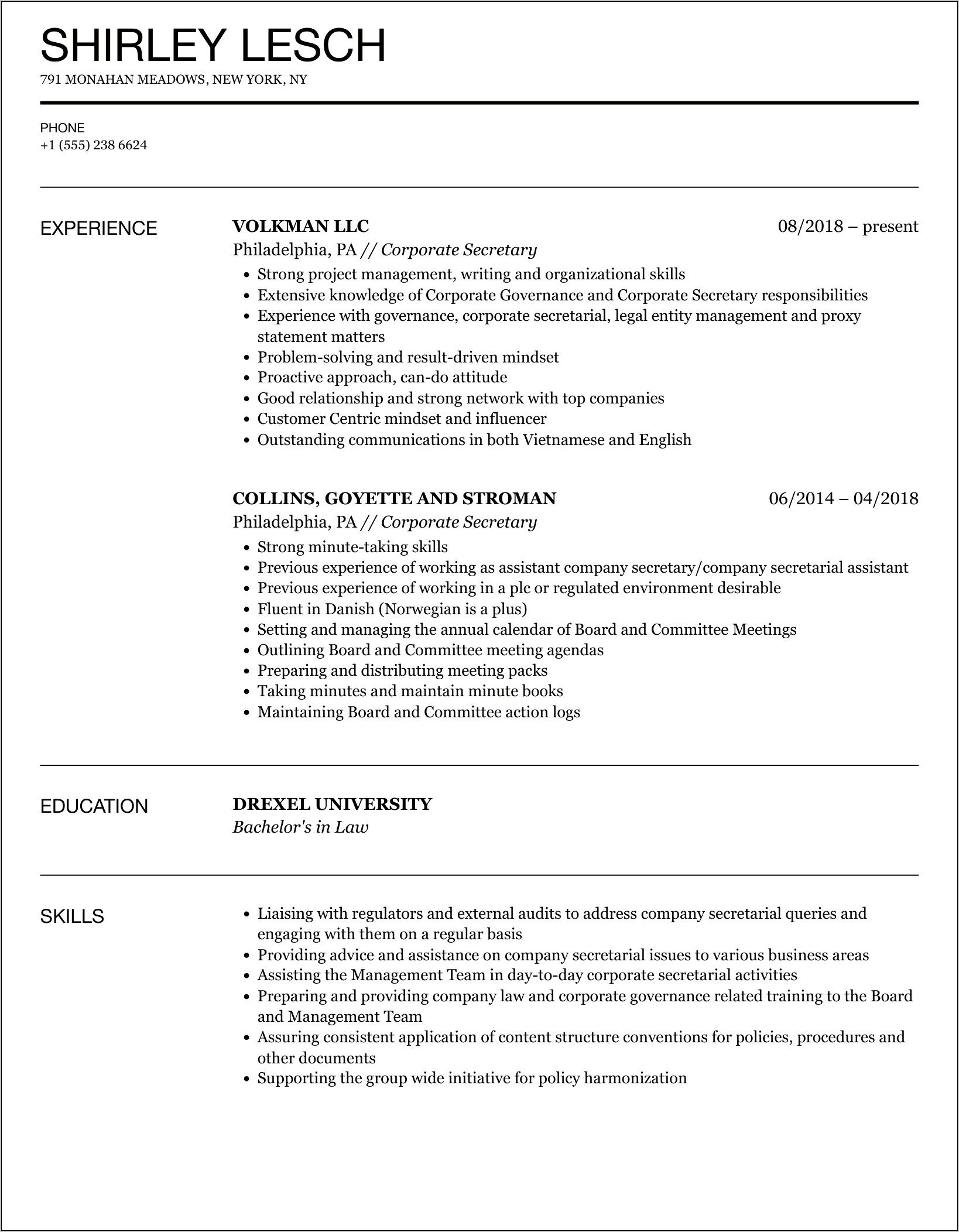 Resume Objective For Company Secretary