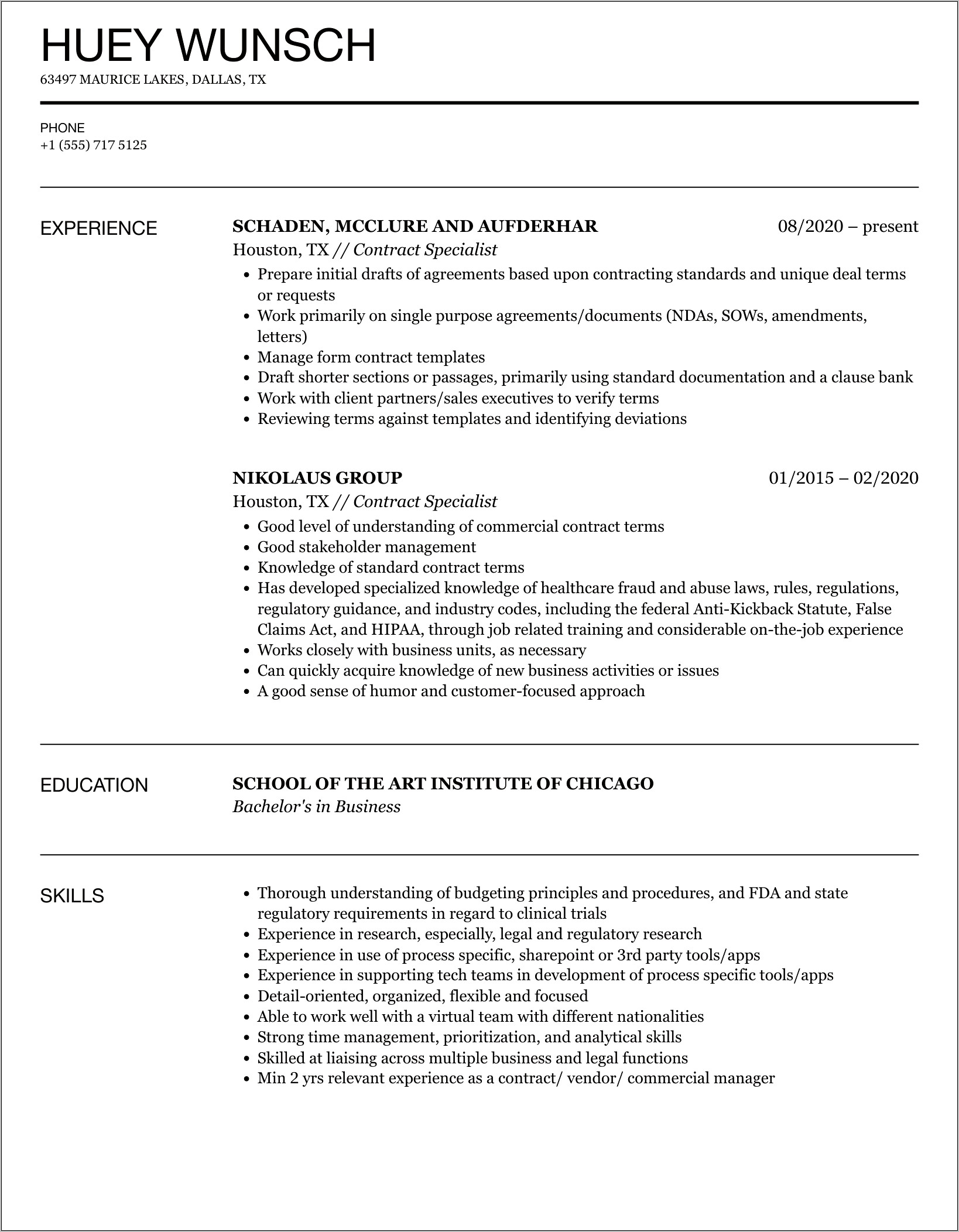 Resume Objective For Contract Specialist