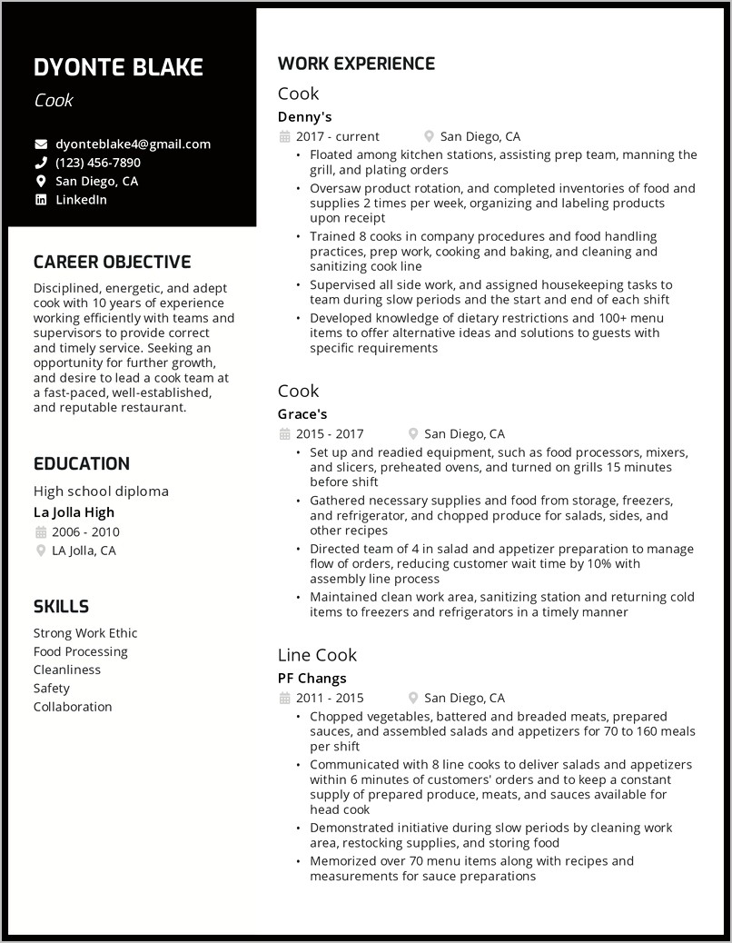 Resume Objective For Cook Position