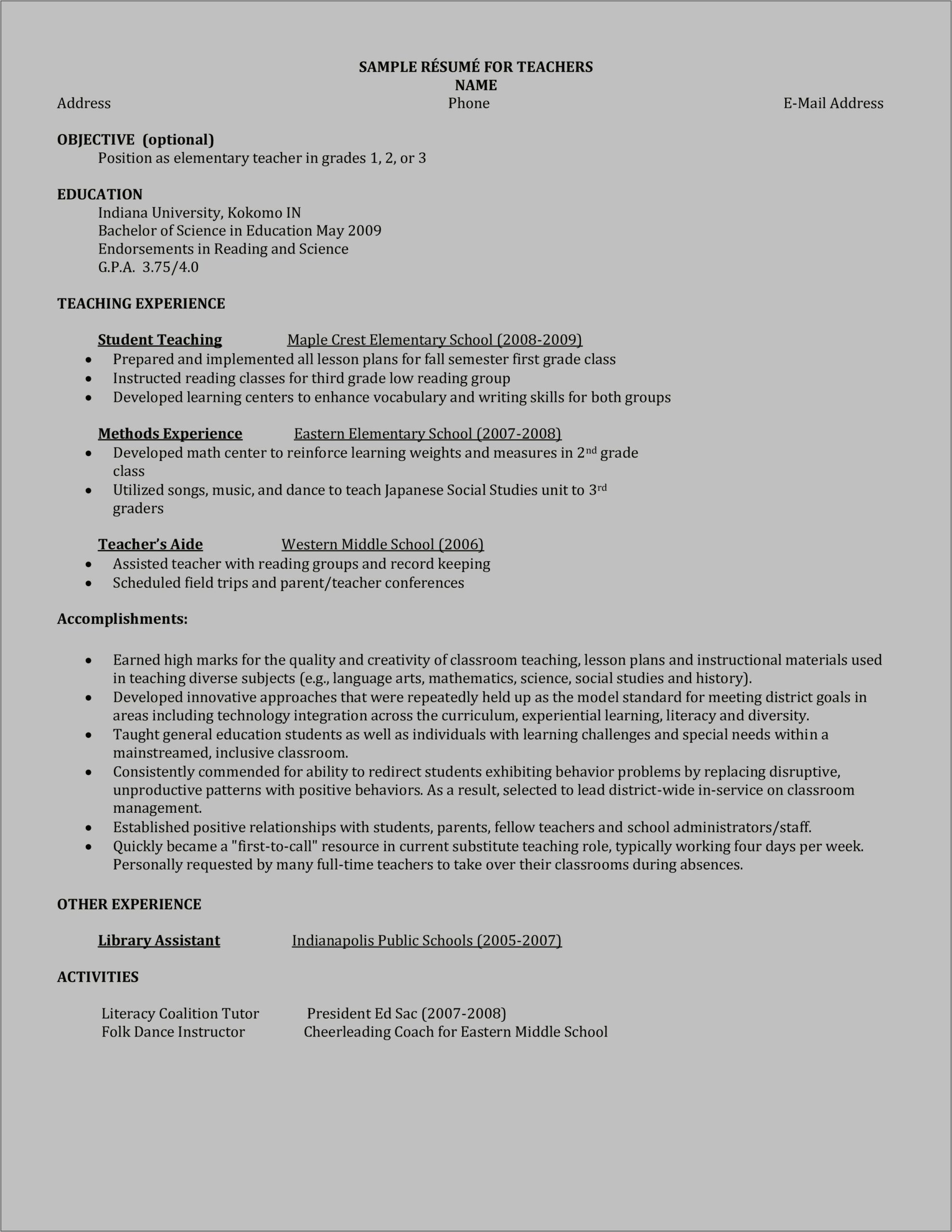 Resume Objective For Dance Teacher