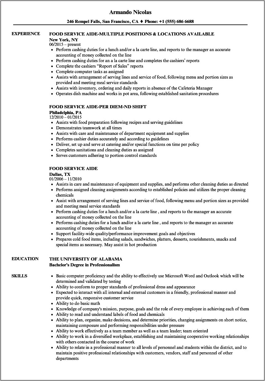 Resume Objective For Dietary Aide