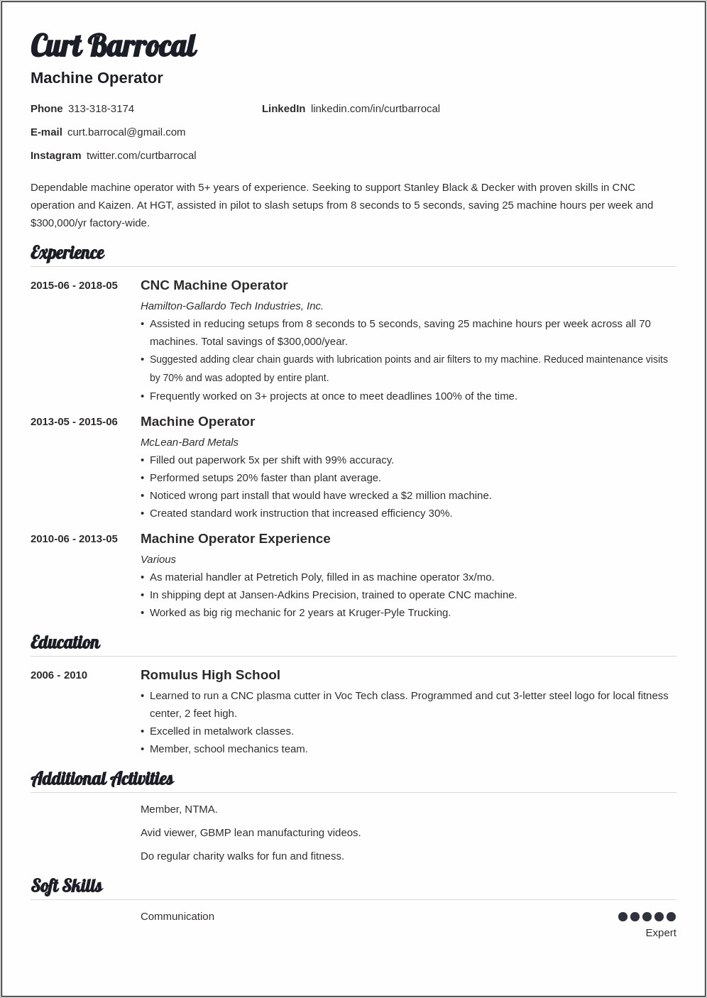 Resume Objective For Equipment Operator