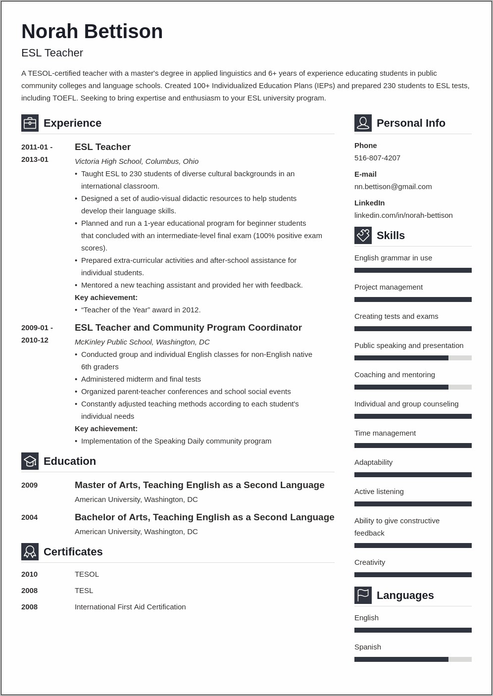 Resume Objective For Esl Tutor