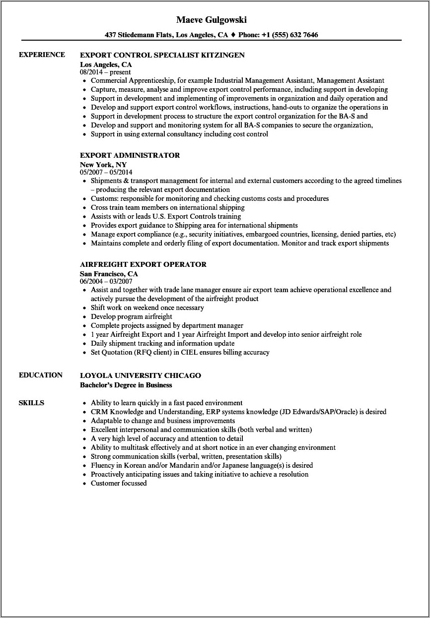 Resume Objective For Export Executive