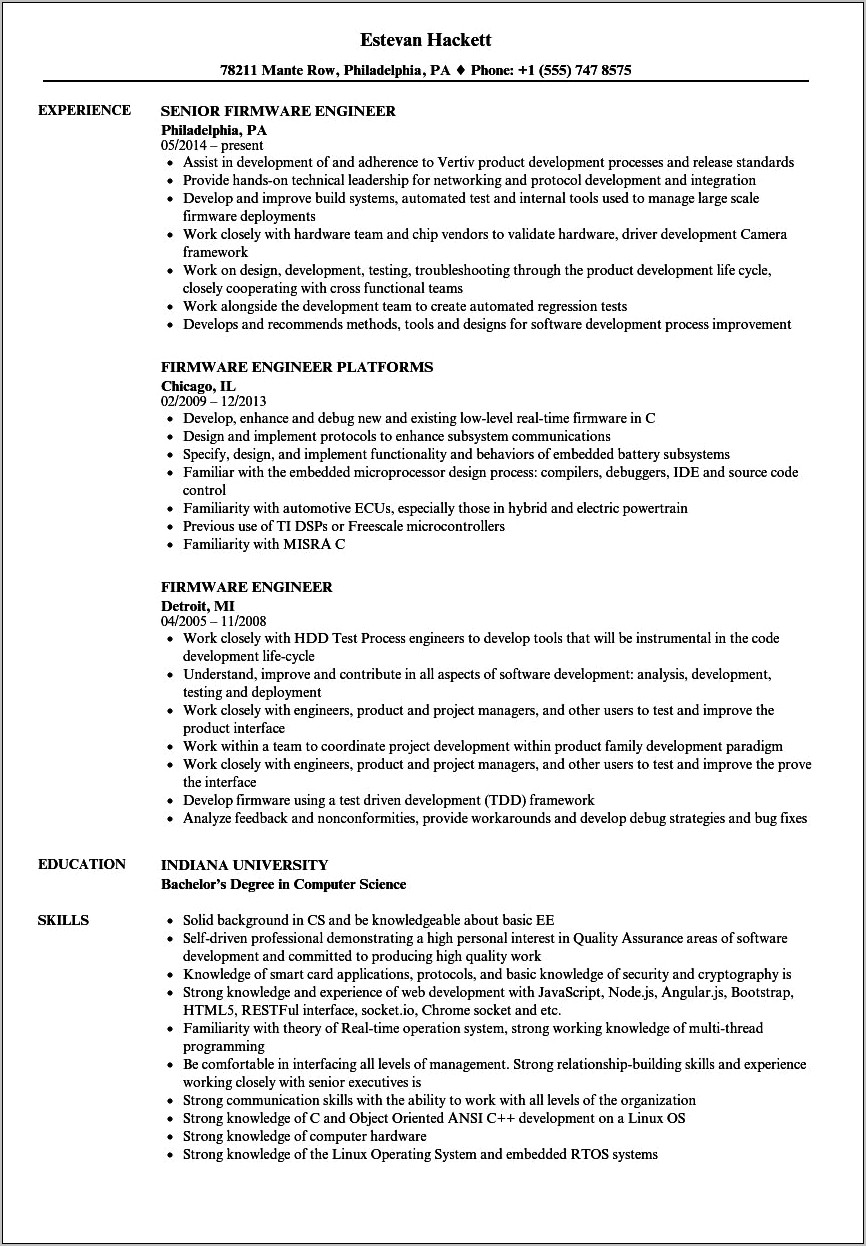 Resume Objective For Firmware Engineer