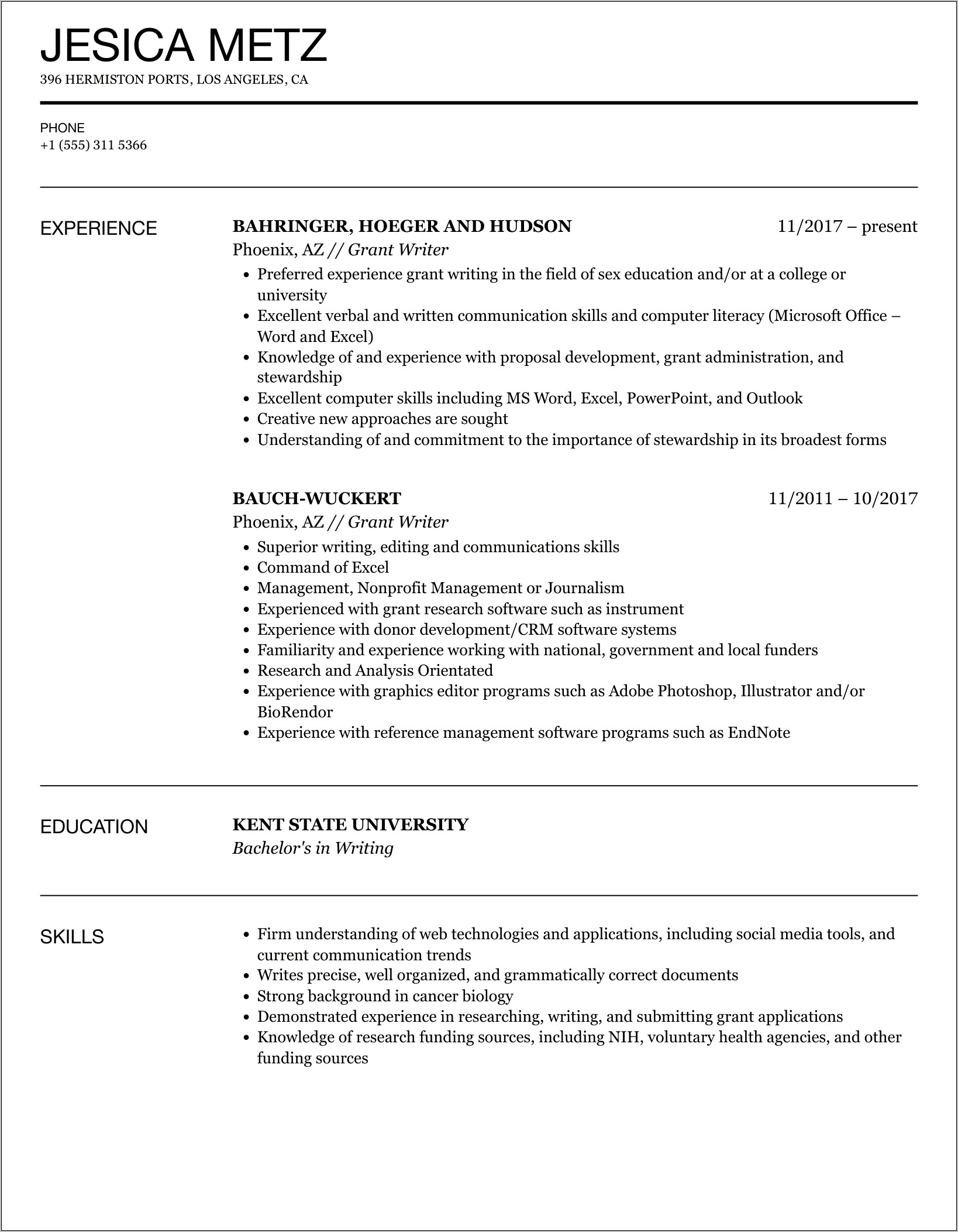 Resume Objective For Grant Writer