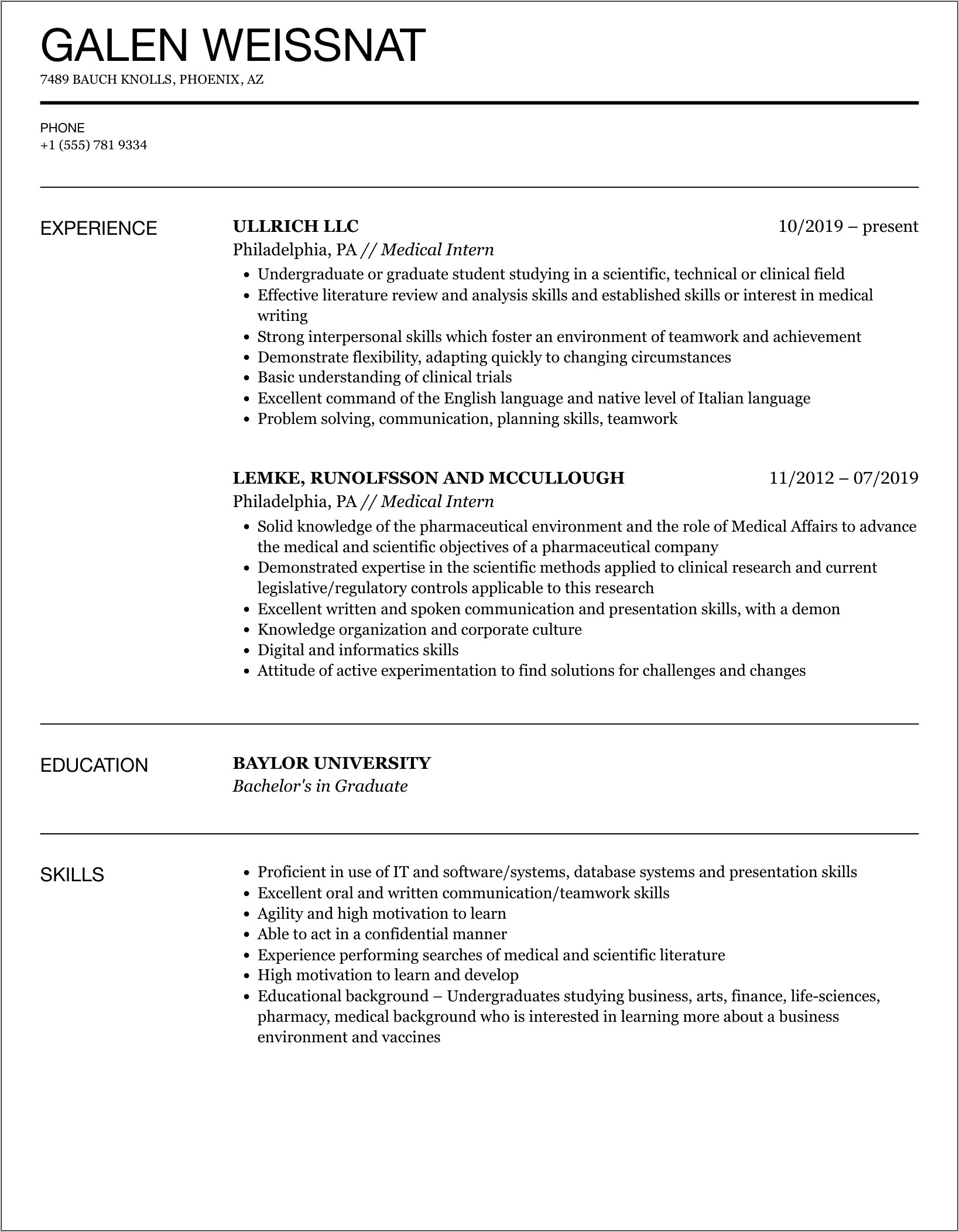 Resume Objective For Hospital Internship