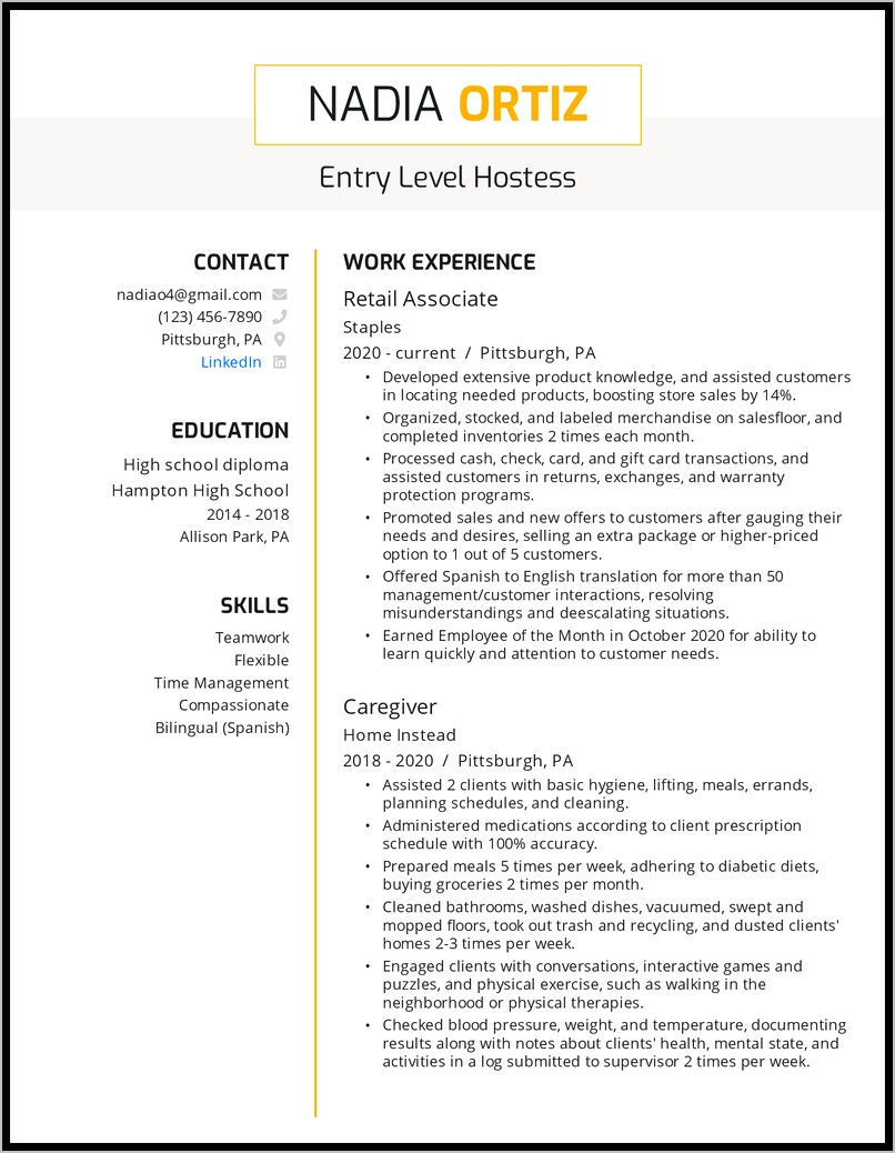 Resume Objective For Host Job