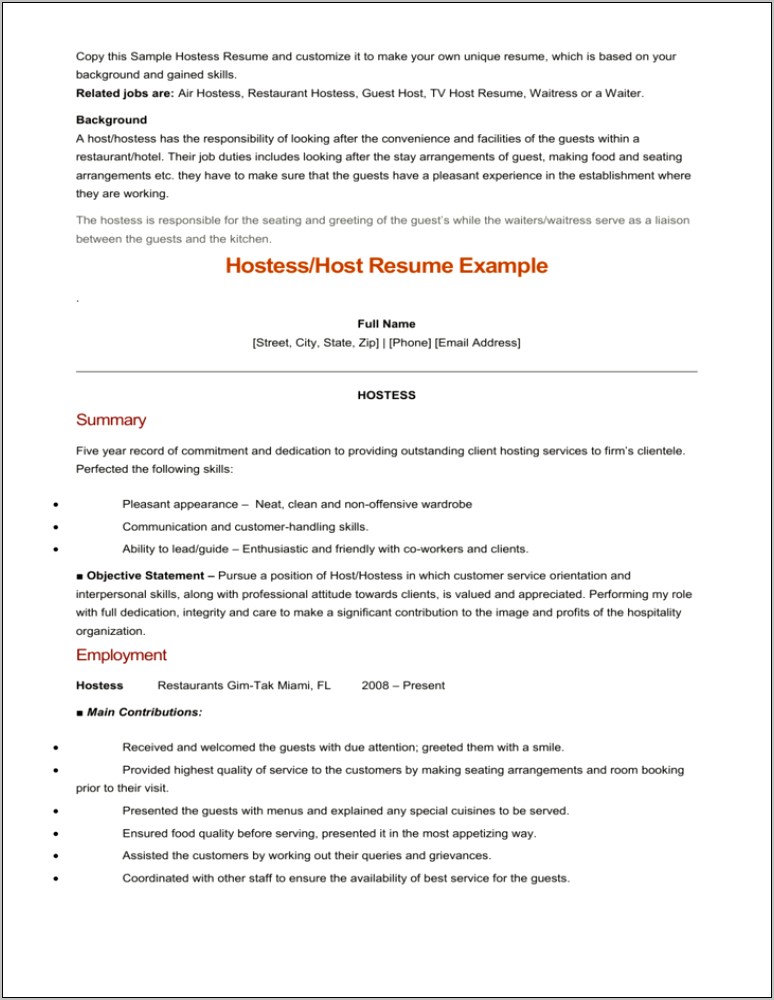 Resume Objective For Host Position