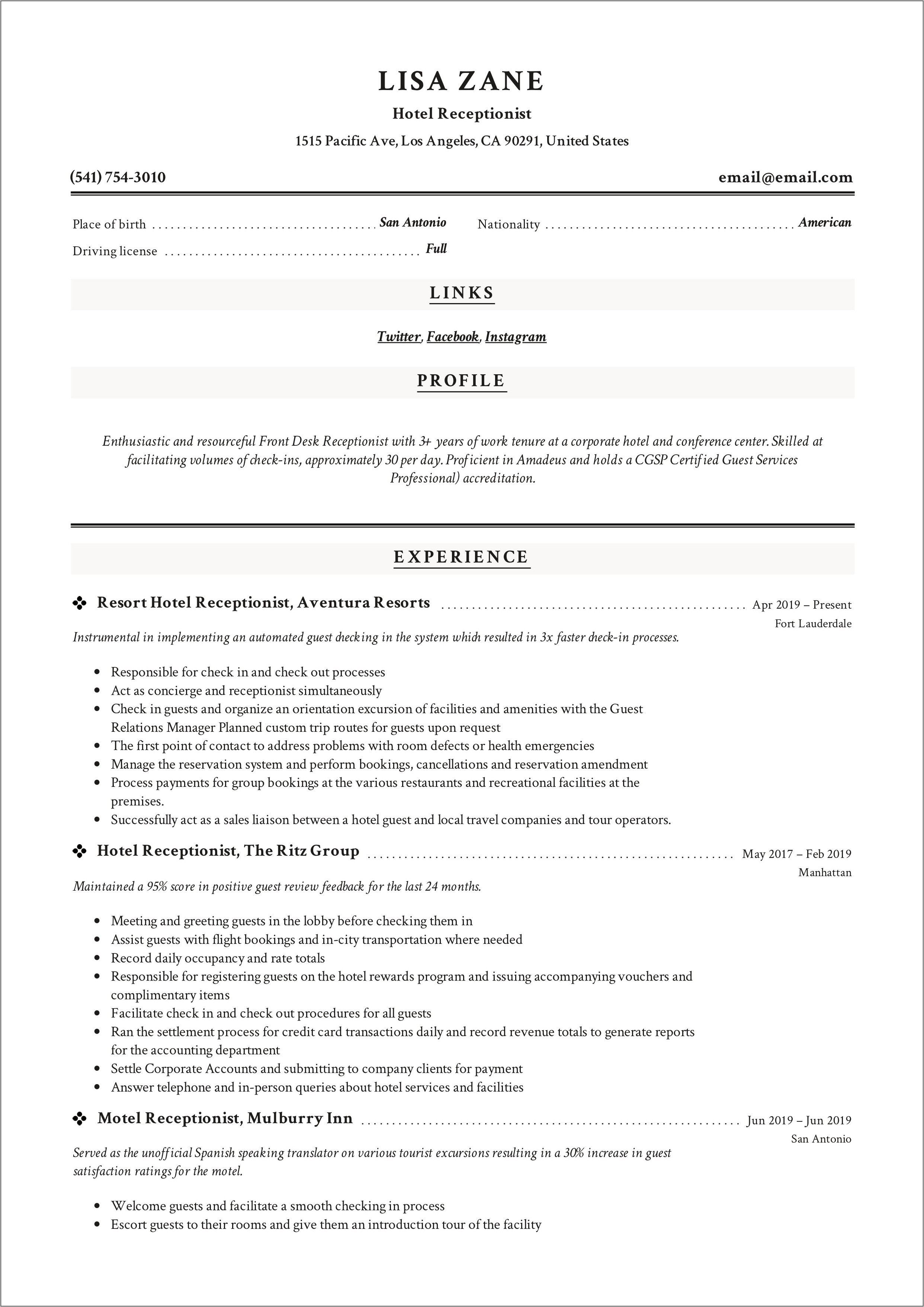 Resume Objective For Hotel Receptionist