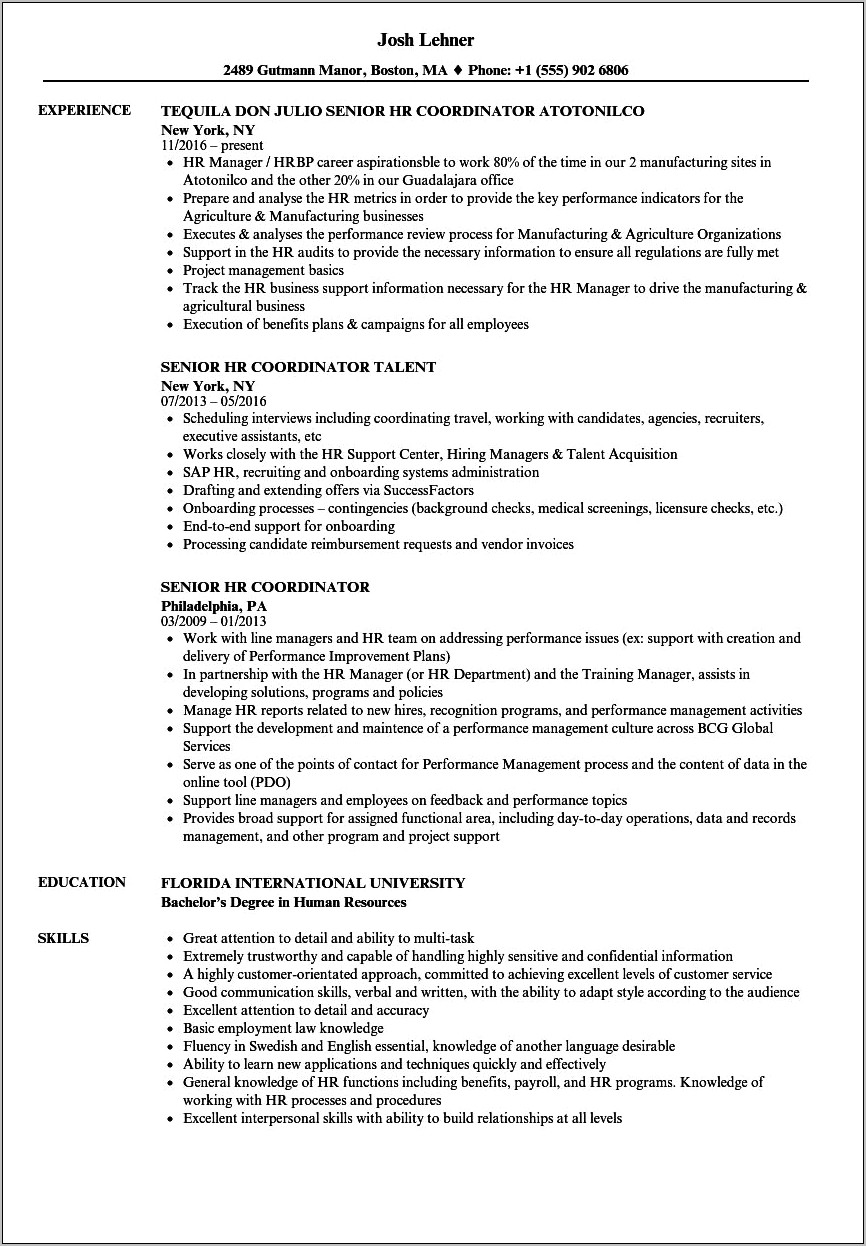 Resume Objective For Hr Coordinator