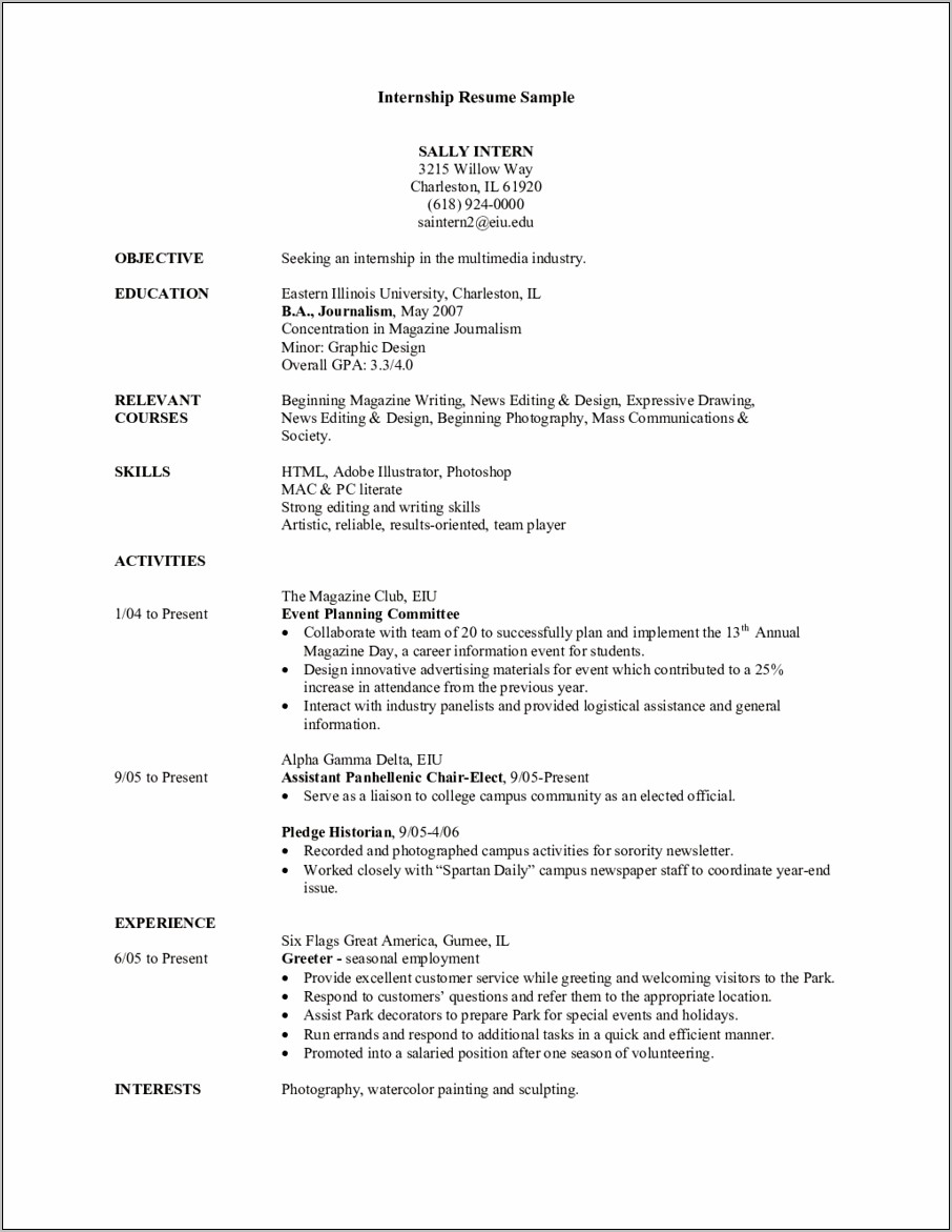 Resume Objective For Internship Student