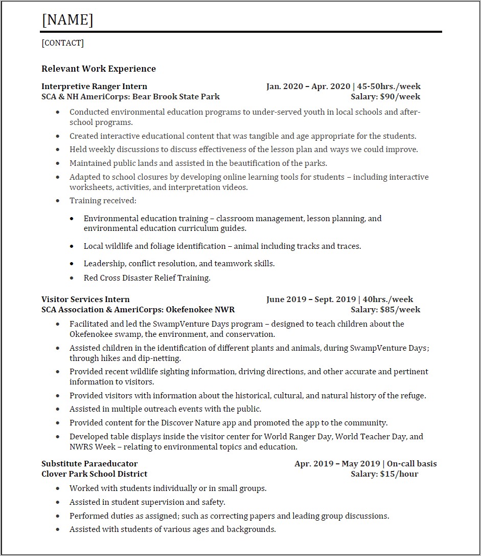 Resume Objective For Interpretive Ranger