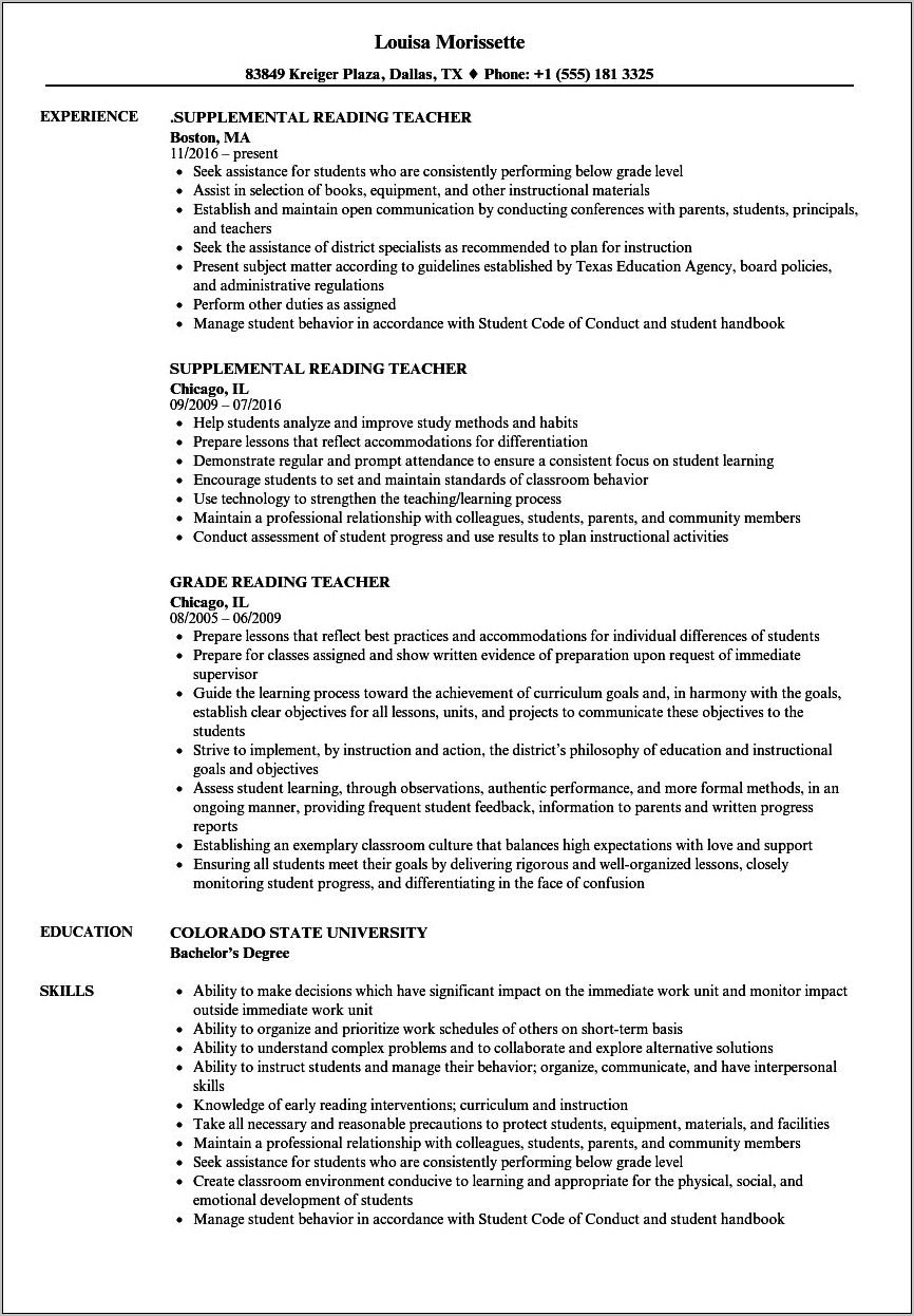 Resume Objective For Intervention Teacher