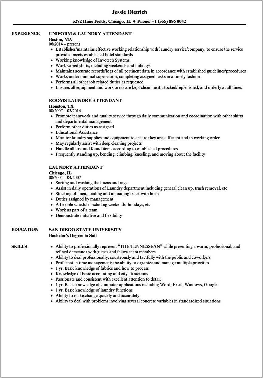 Resume Objective For Laundry Attendant