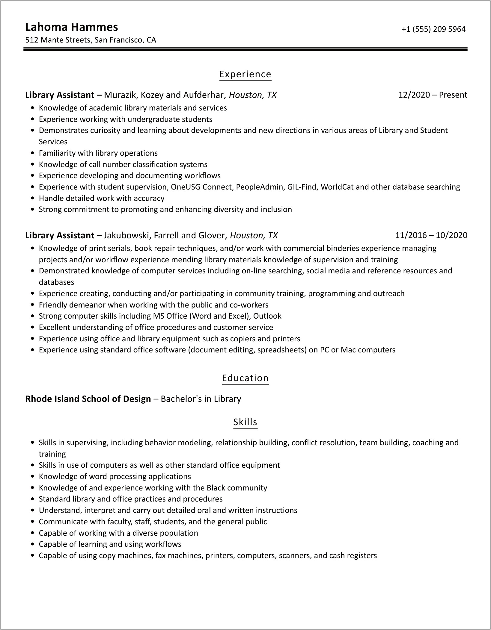 Resume Objective For Library Assistant