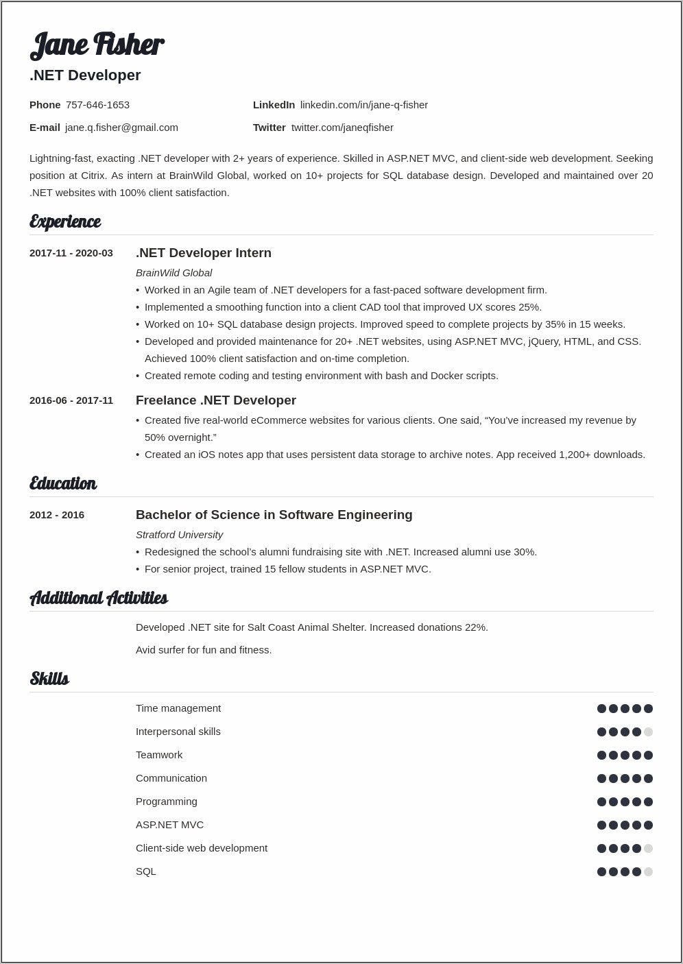 Resume Objective For Net Developer